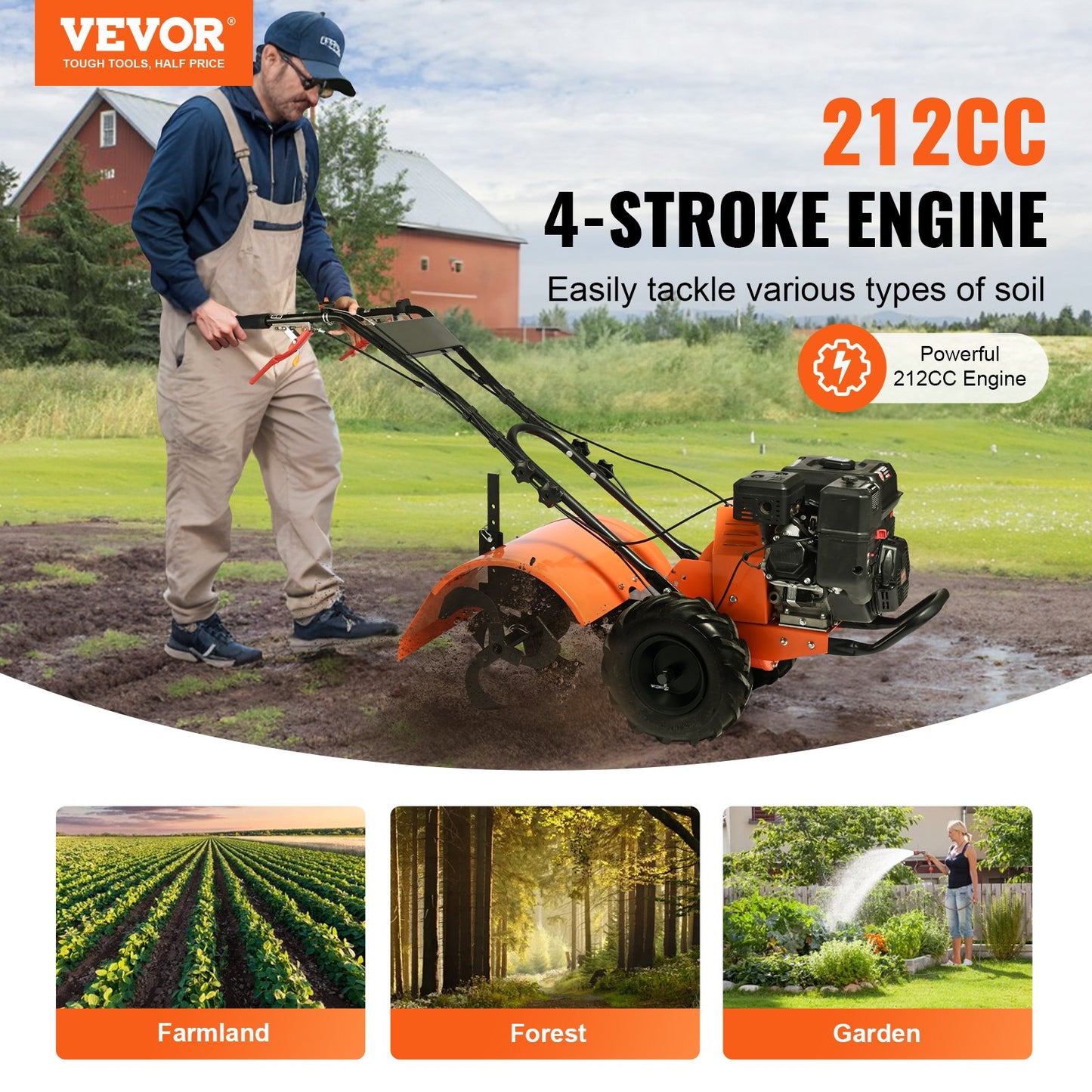 VEVOR Tiller Cultivator Gas Powered, 212CC 4-Stroke Garden Cultivator, Tiller with