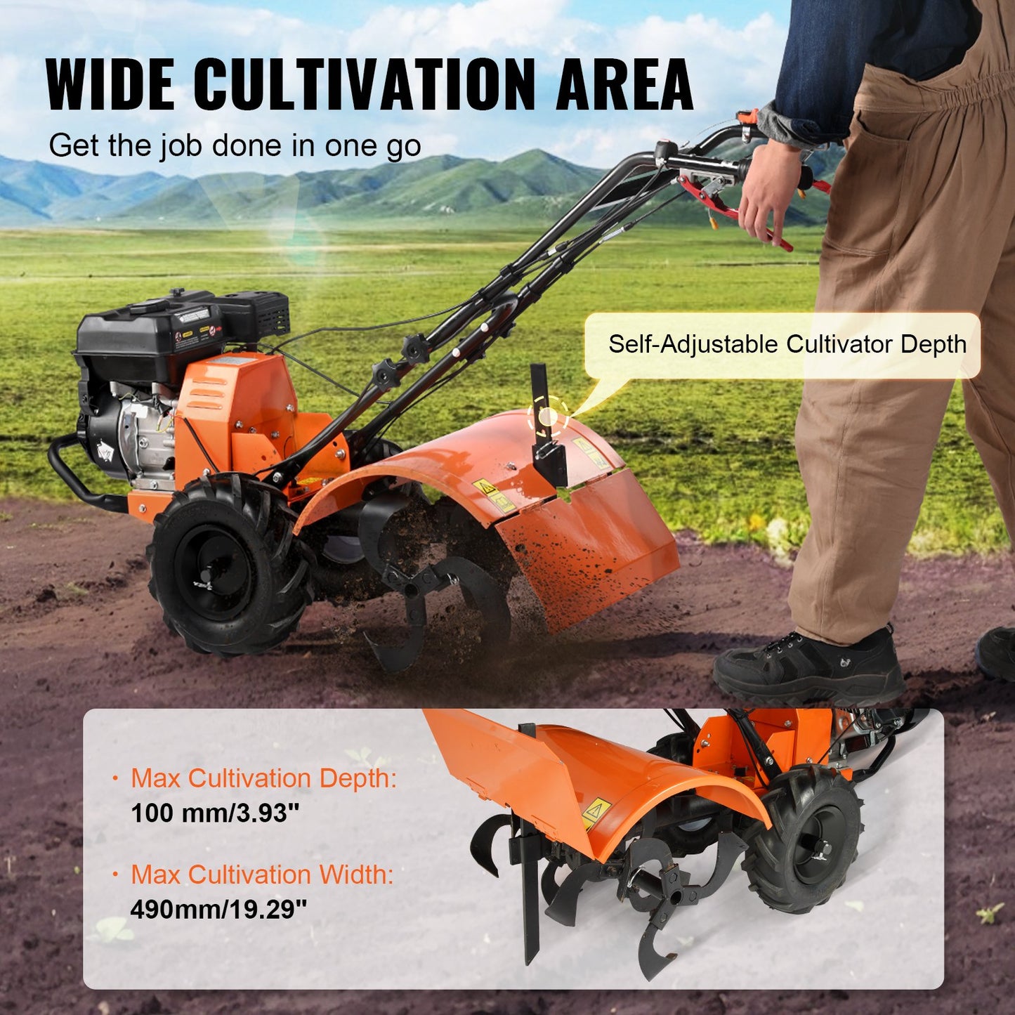 VEVOR Tiller Cultivator Gas Powered, 212CC 4-Stroke Garden Cultivator, Tiller with