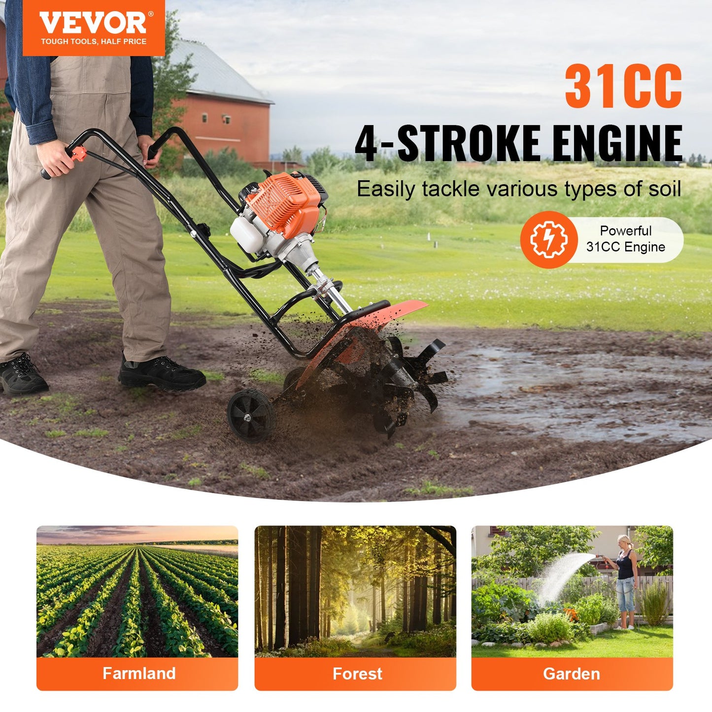 VEVOR Tiller Cultivator Gas Powered, 31CC 4-Stroke Garden Cultivator, Tiller with