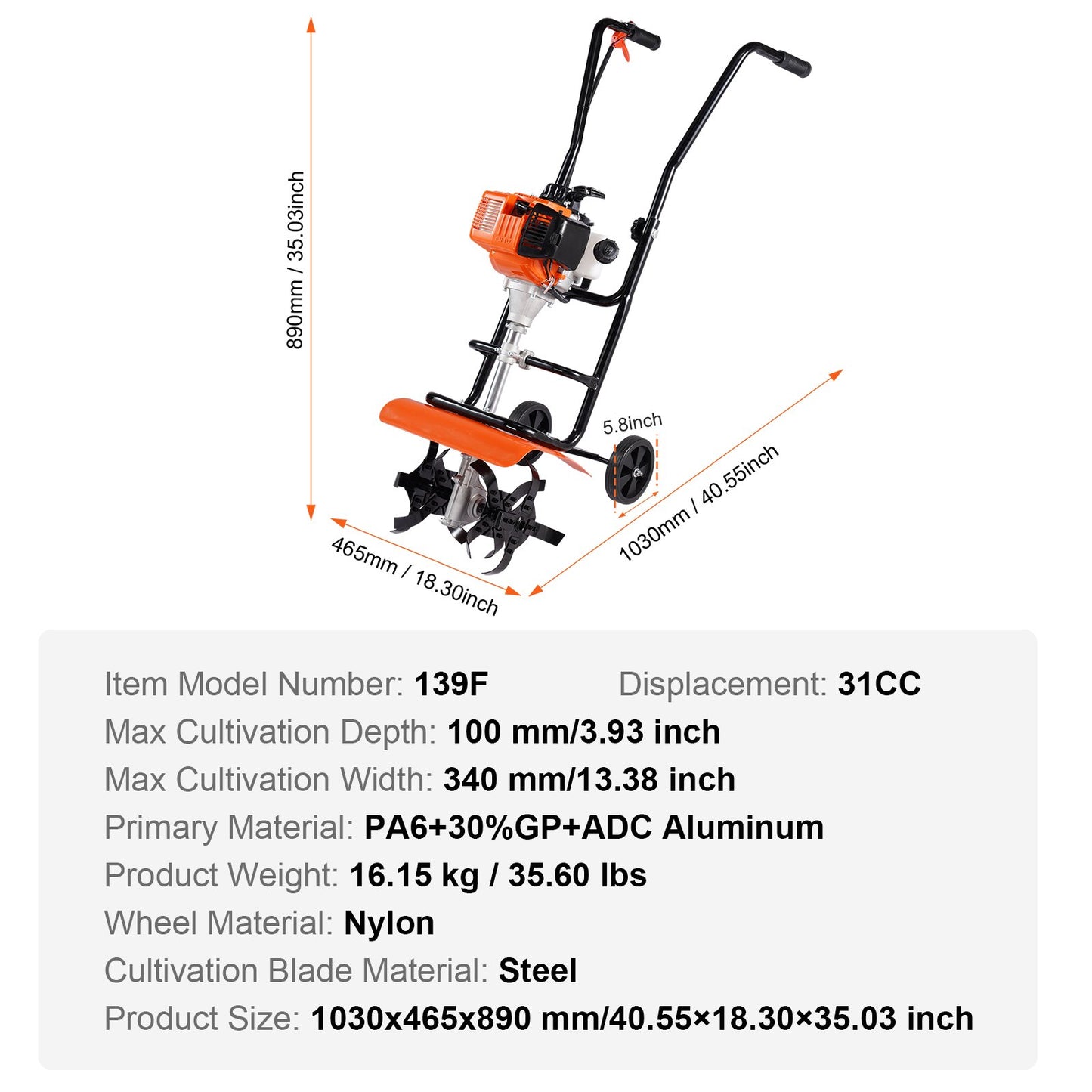 VEVOR Tiller Cultivator Gas Powered, 31CC 4-Stroke Garden Cultivator, Tiller with