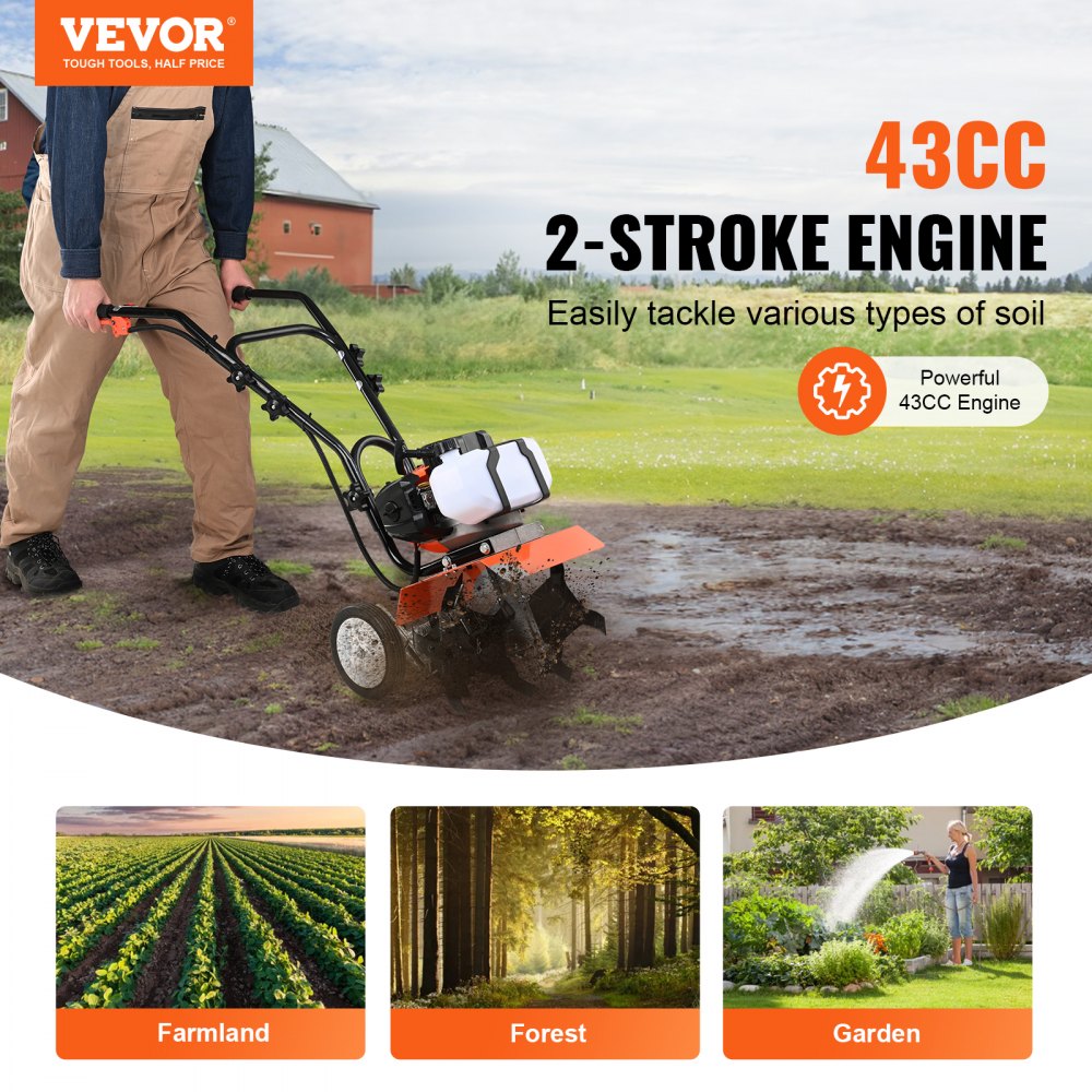 VEVOR Tiller Cultivator Gas Powered, 43CC 2-Stroke Garden Cultivator, Tiller with 4 Steel Adjustable Front Tines for Lawn, Garden and Field Soil Cultivation