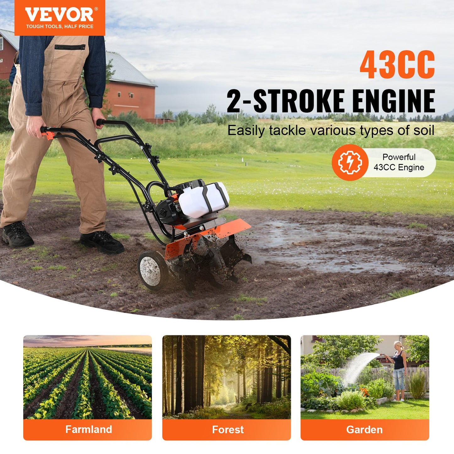 VEVOR Tiller Cultivator Gas Powered, 43CC 2-Stroke Garden Cultivator, Tiller with
