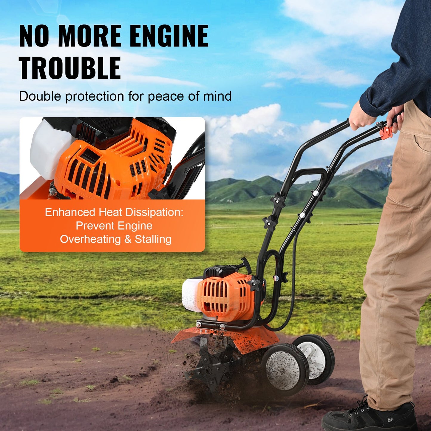 VEVOR Tiller Cultivator Gas Powered, 43CC 2-Stroke Garden Cultivator, Tiller with