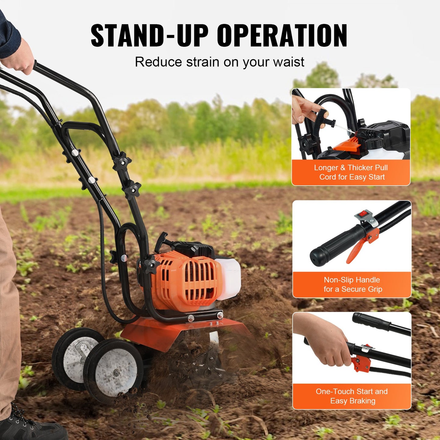 VEVOR Tiller Cultivator Gas Powered, 43CC 2-Stroke Garden Cultivator, Tiller with