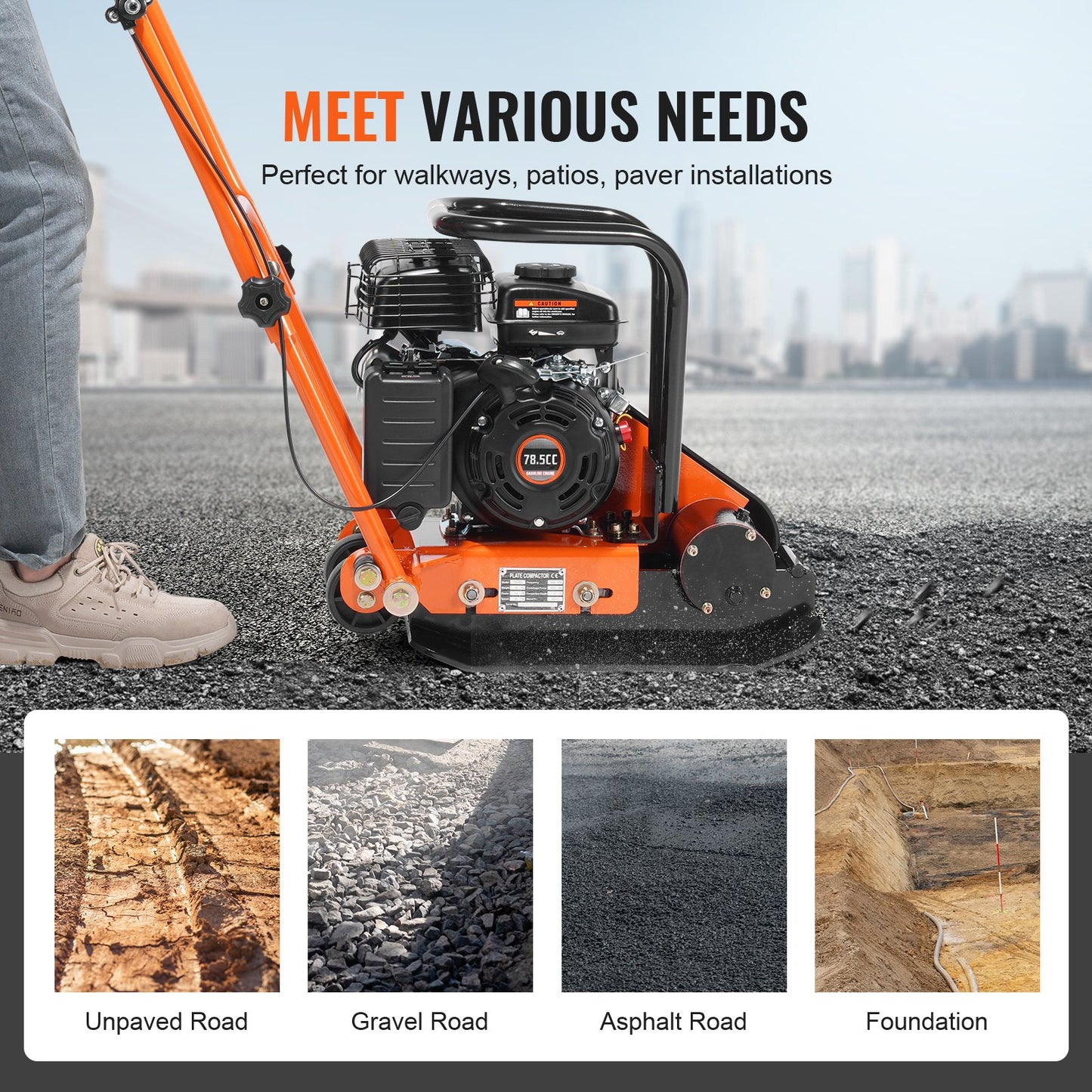 VEVOR Plate Compactor Plate Tamper 2.8 HP Walk-Behind Rammer 78.5cc EPA Engine