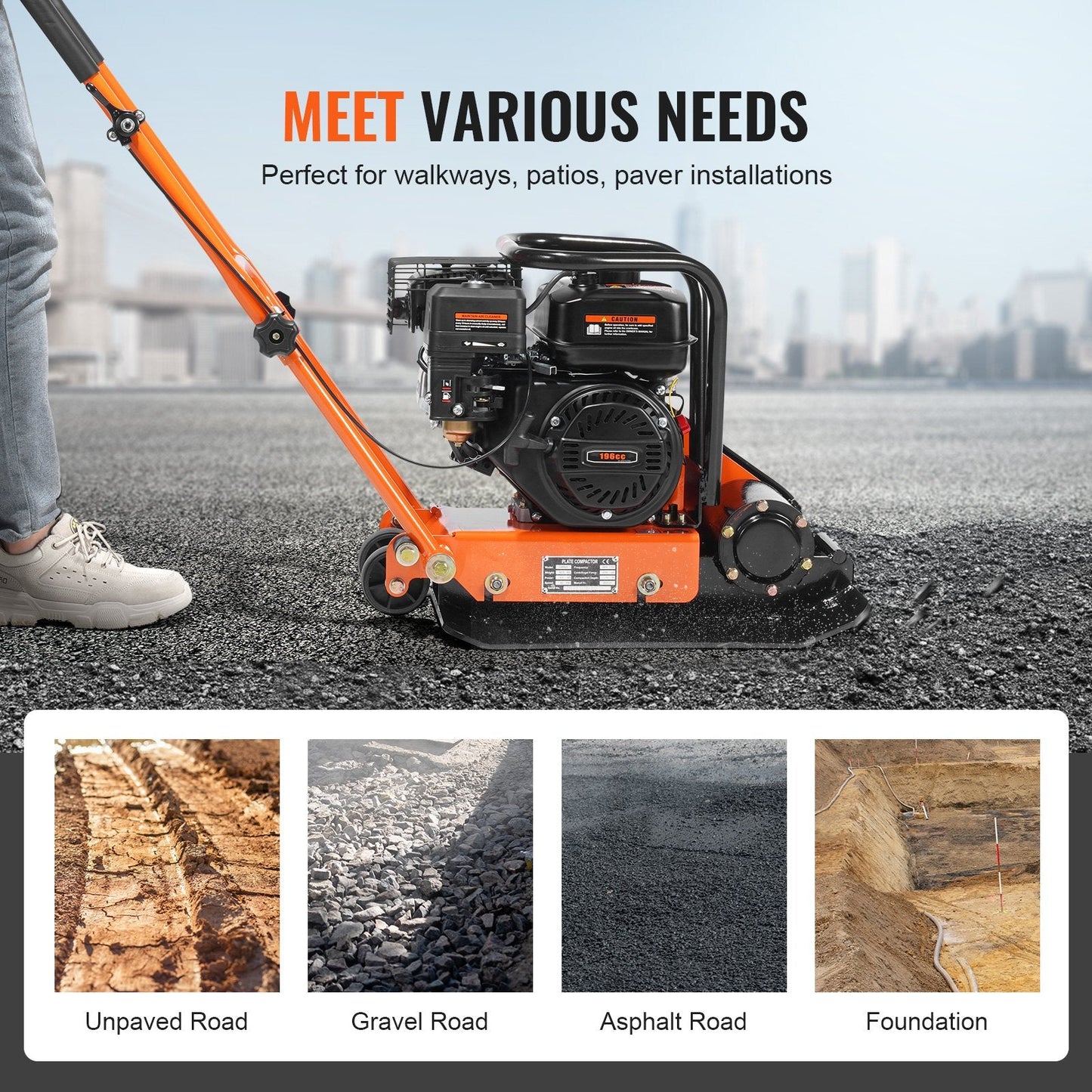 6.5HP Gas-Powered Walk-Behind Plate Compactor, 196cc, 4200 kg Compaction Force