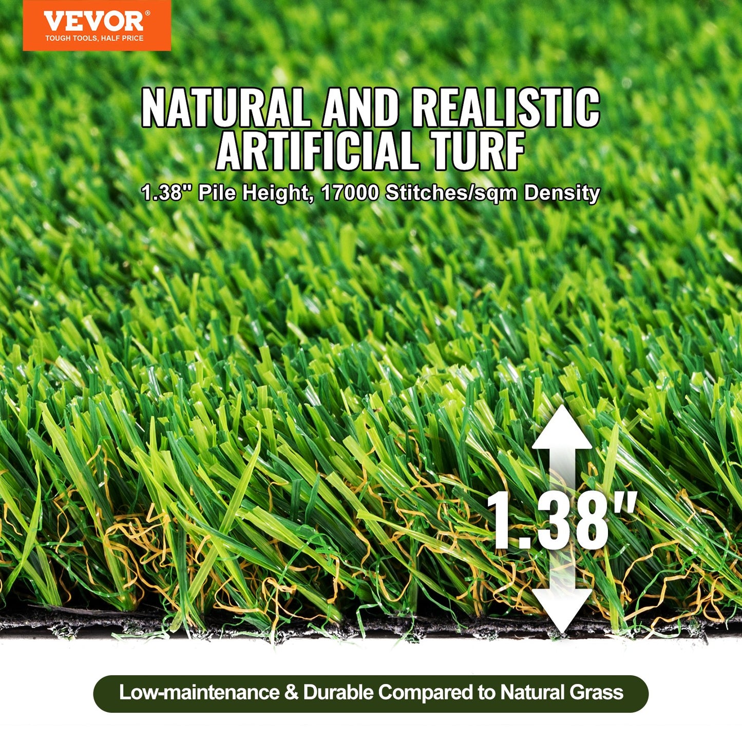VEVOR Artifical Grass, 3 x 5 ft Rug Green Turf, 1.38" Fake Door Mat Outdoor Patio