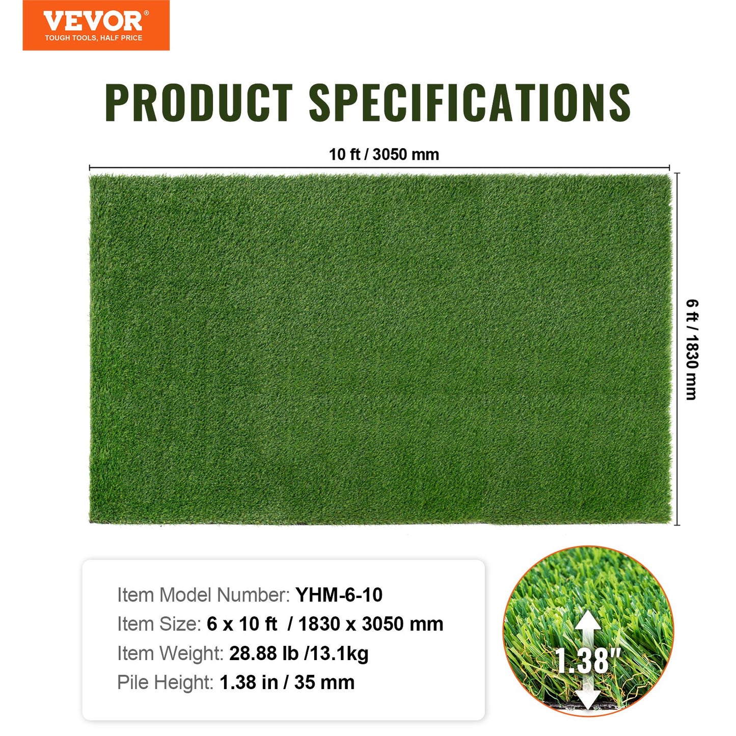 VEVOR Artifical Grass, 6 x 10 ft Rug Green Turf, 1.38"Fake Door Mat Outdoor Patio