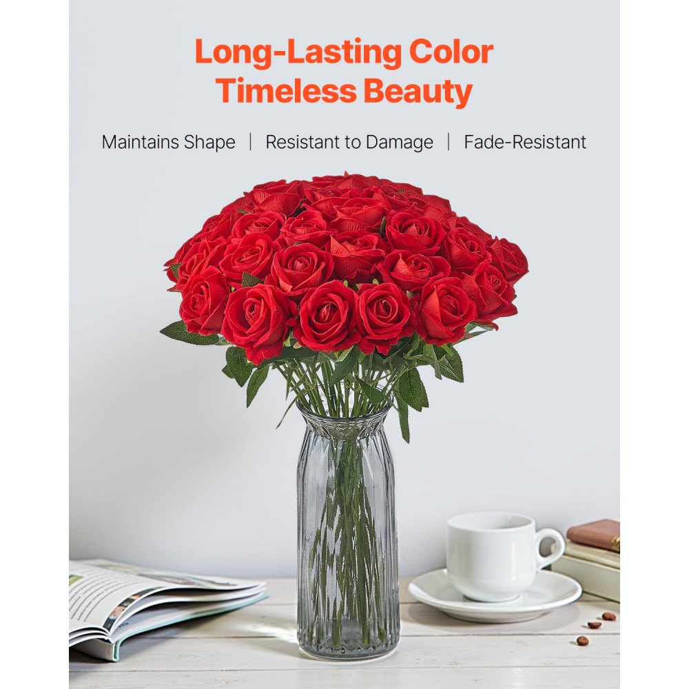 VEVOR 60 Pcs Red Roses Artificial Flowers Realistic Bouquet for Xmas Home Decor