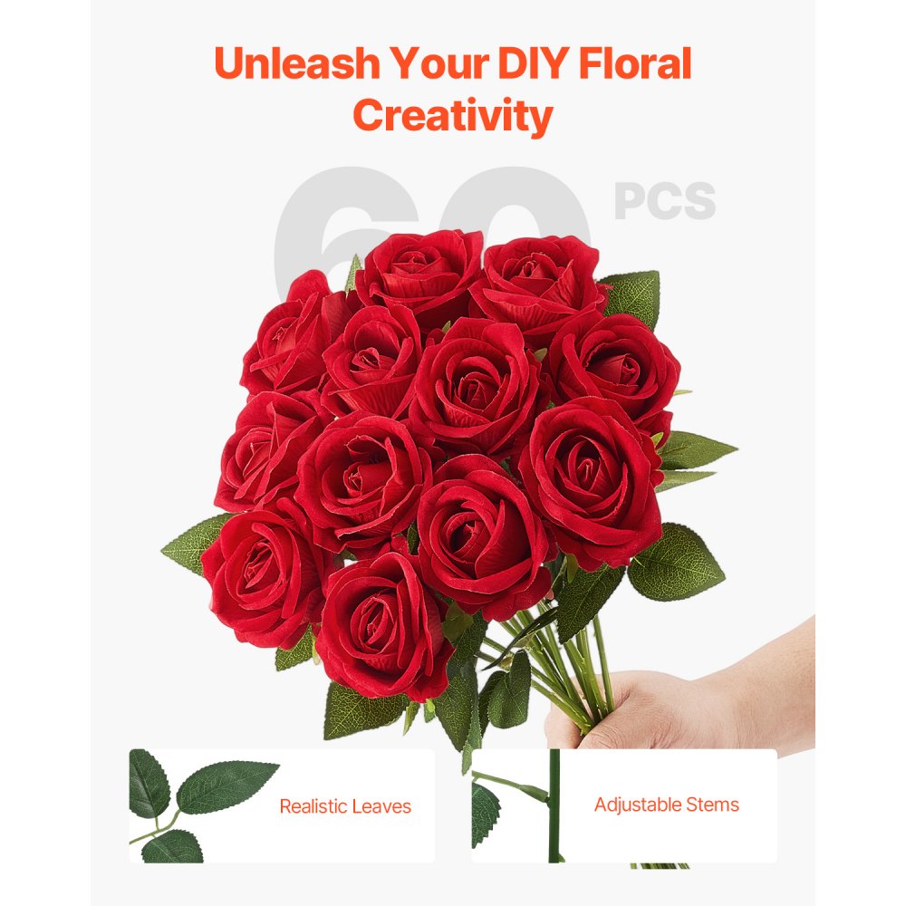 VEVOR 60 Pcs Red Roses Artificial Flowers Realistic Bouquet for Xmas Home Decor