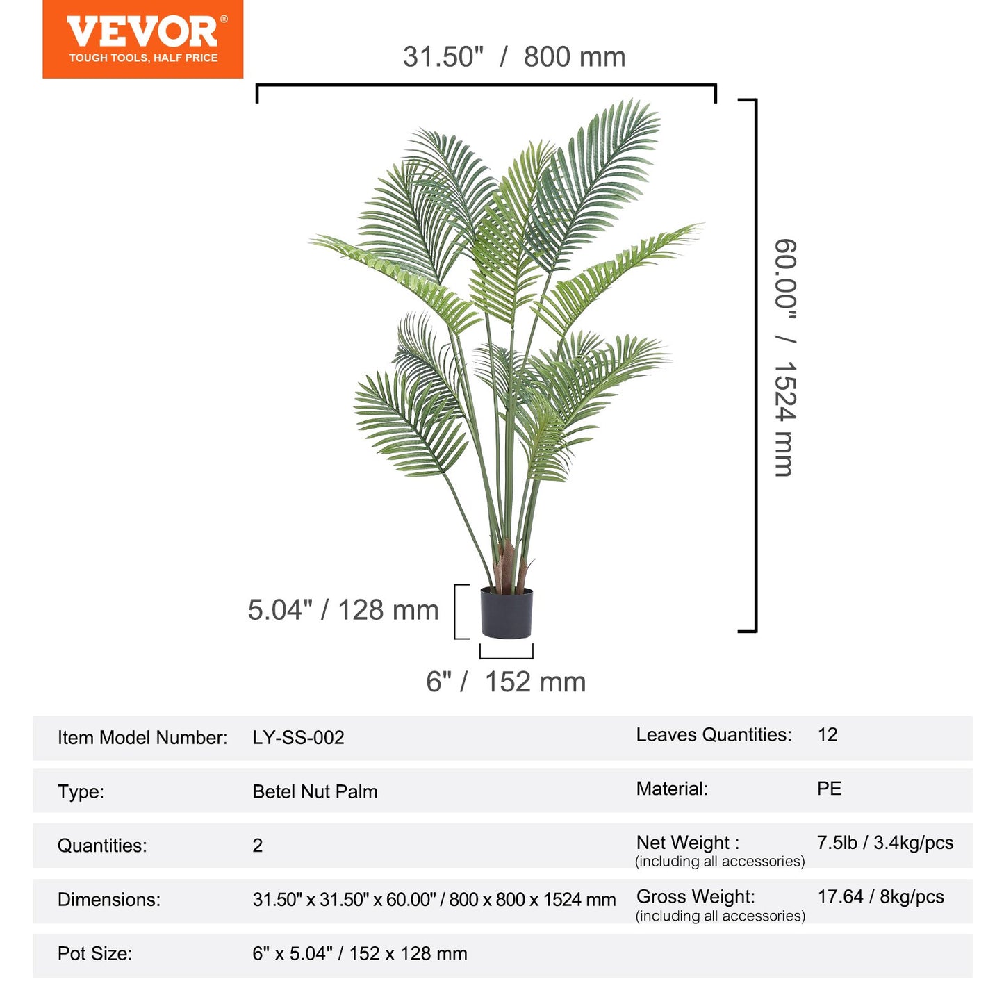 VEVOR Artificial Palm Tree, 1.5m Tall Faux Plant, Secure PE Material & Anti-Tip