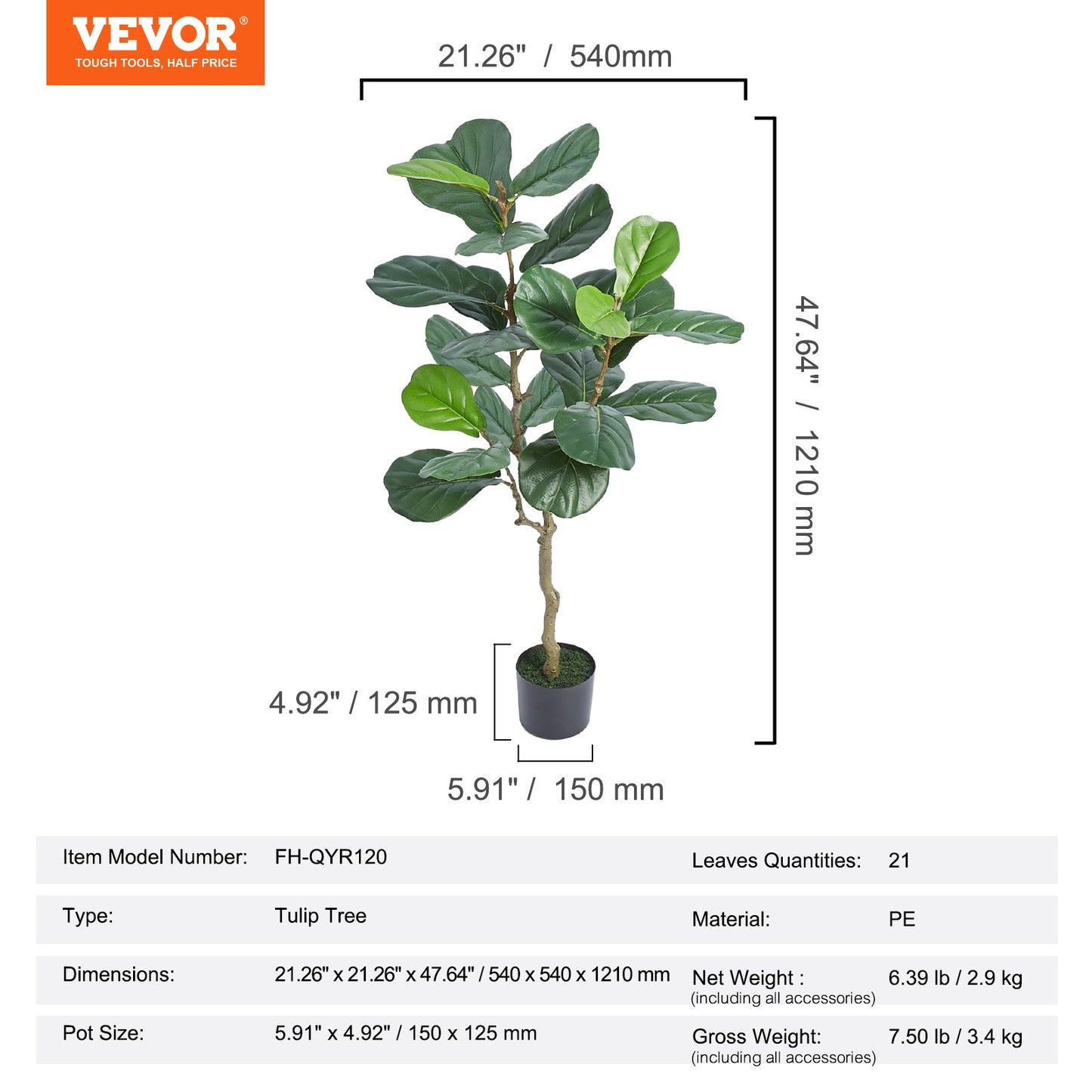 VEVOR Artificial Fiddle Leaf Fig Tree, 10cm, Secure PE Material & Anti-Tip Tilt