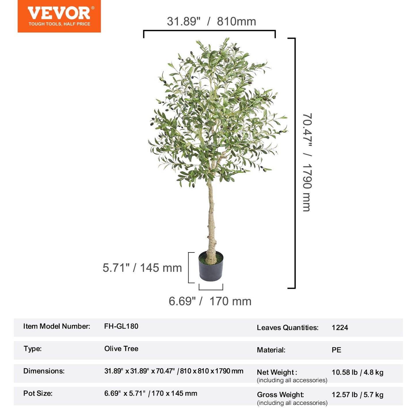 VEVOR Artificial Olive Tree, 15.2cm Tall Faux Plant, Secure PE Material & Anti-Tip