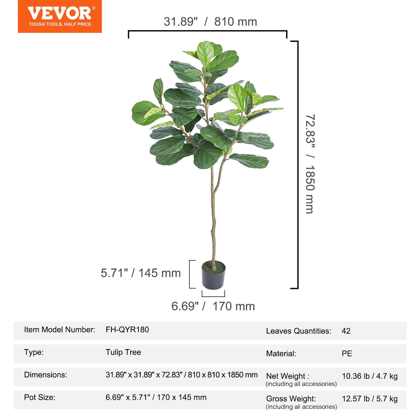 VEVOR Artificial Fiddle Leaf Fig Tree, 15.2cm, Secure PE Material & Anti-Tip Tilt