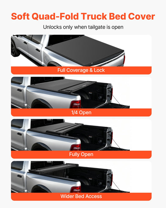 Soft Quad-Fold Truck Bed Tonneau Cover, Compatible with 2019-2024 Dodge Ram 1500 (Incl. Classic & New) 193 cm Bed Without Rambox, Split Tailgate, Waterproof Soft Folding Truck Tonneau Cover