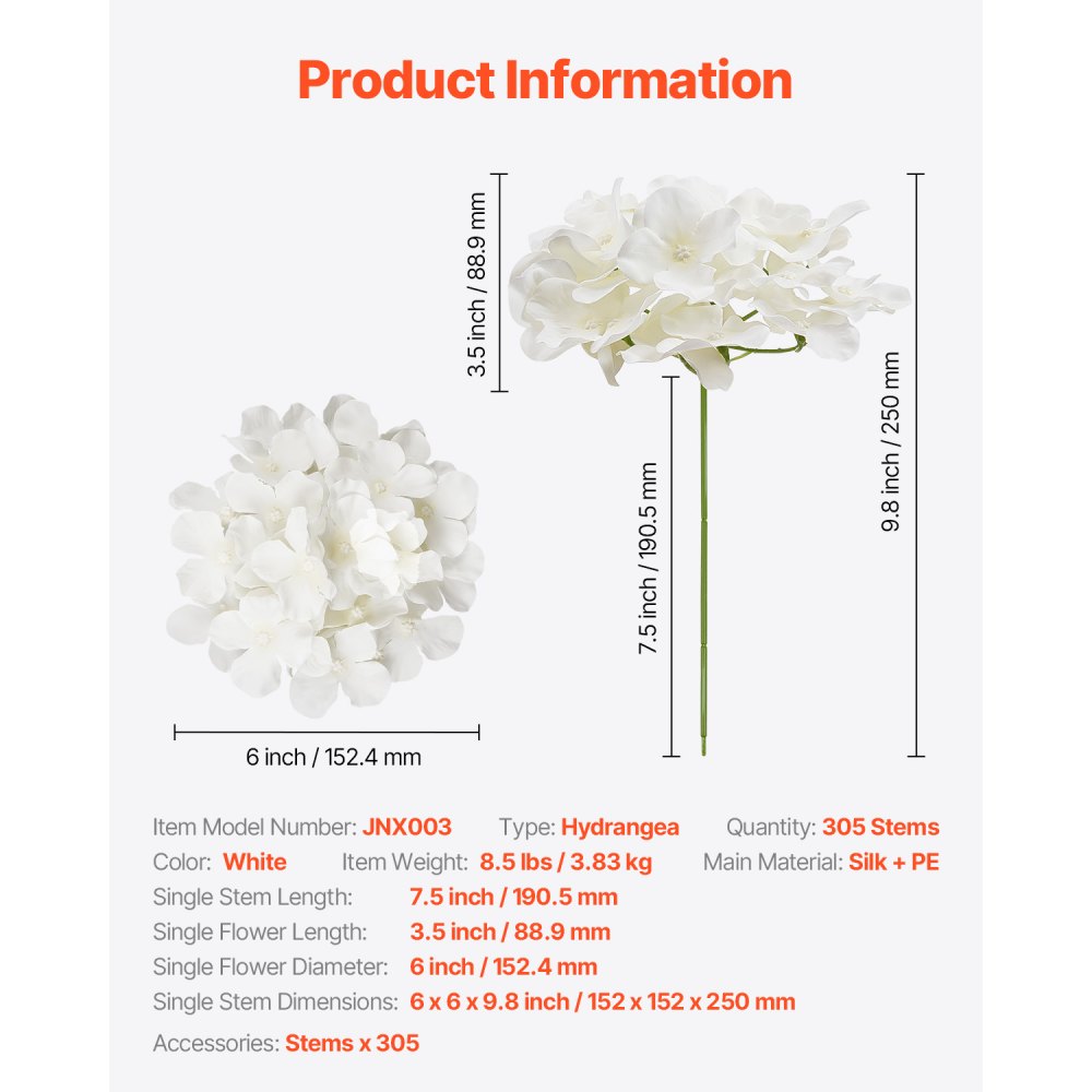 VEVOR 305 Pcs Artificial Silk Hydrangea Flowers 9.8 In Bouquet Arrangement White