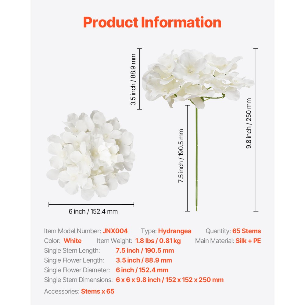 VEVOR 65 Pcs Artificial Silk Hydrangea Flowers 9.8 In Bouquet Arrangement White