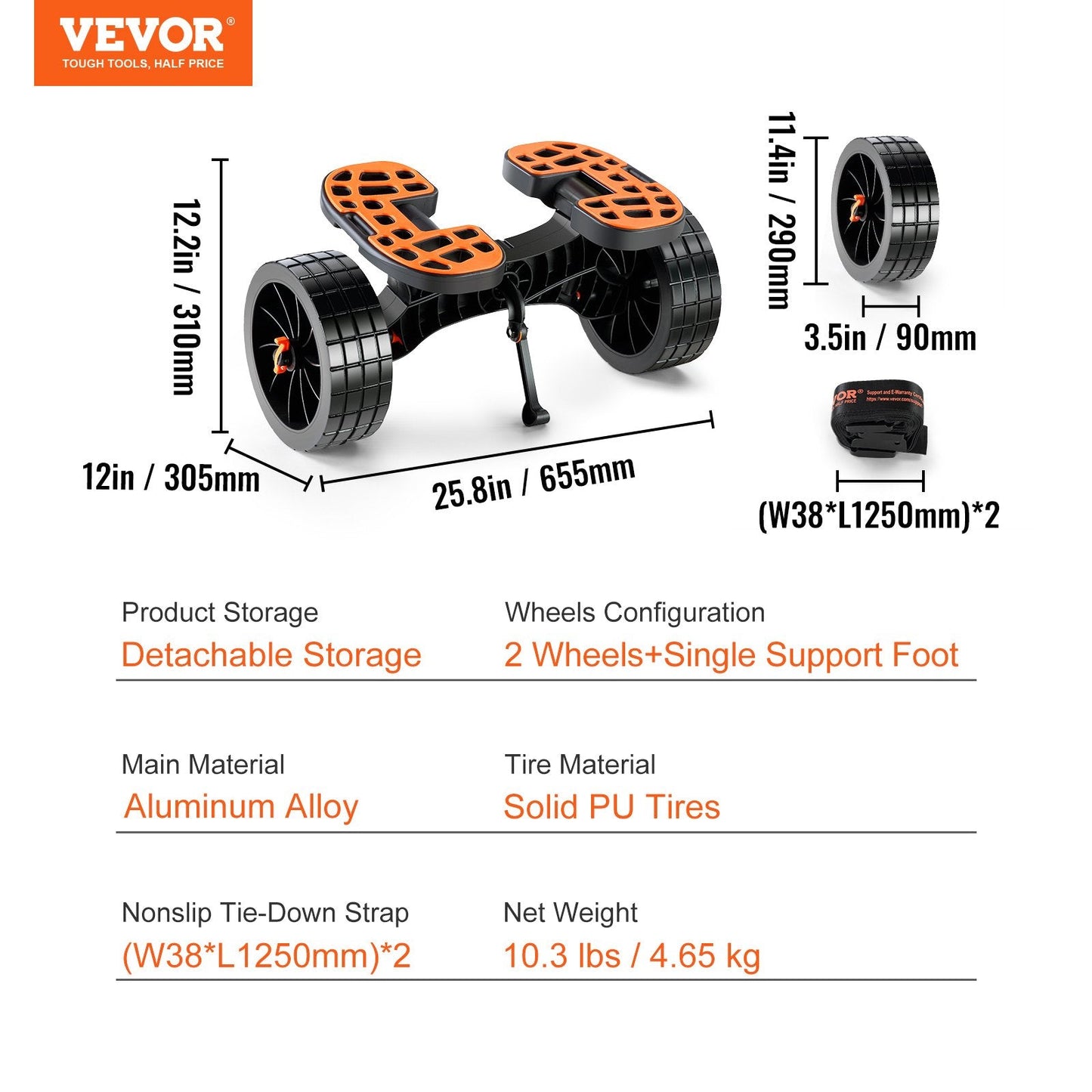 Adjustable Kayak & Canoe Cart with Solid Tires, 145 kg Load Capacity