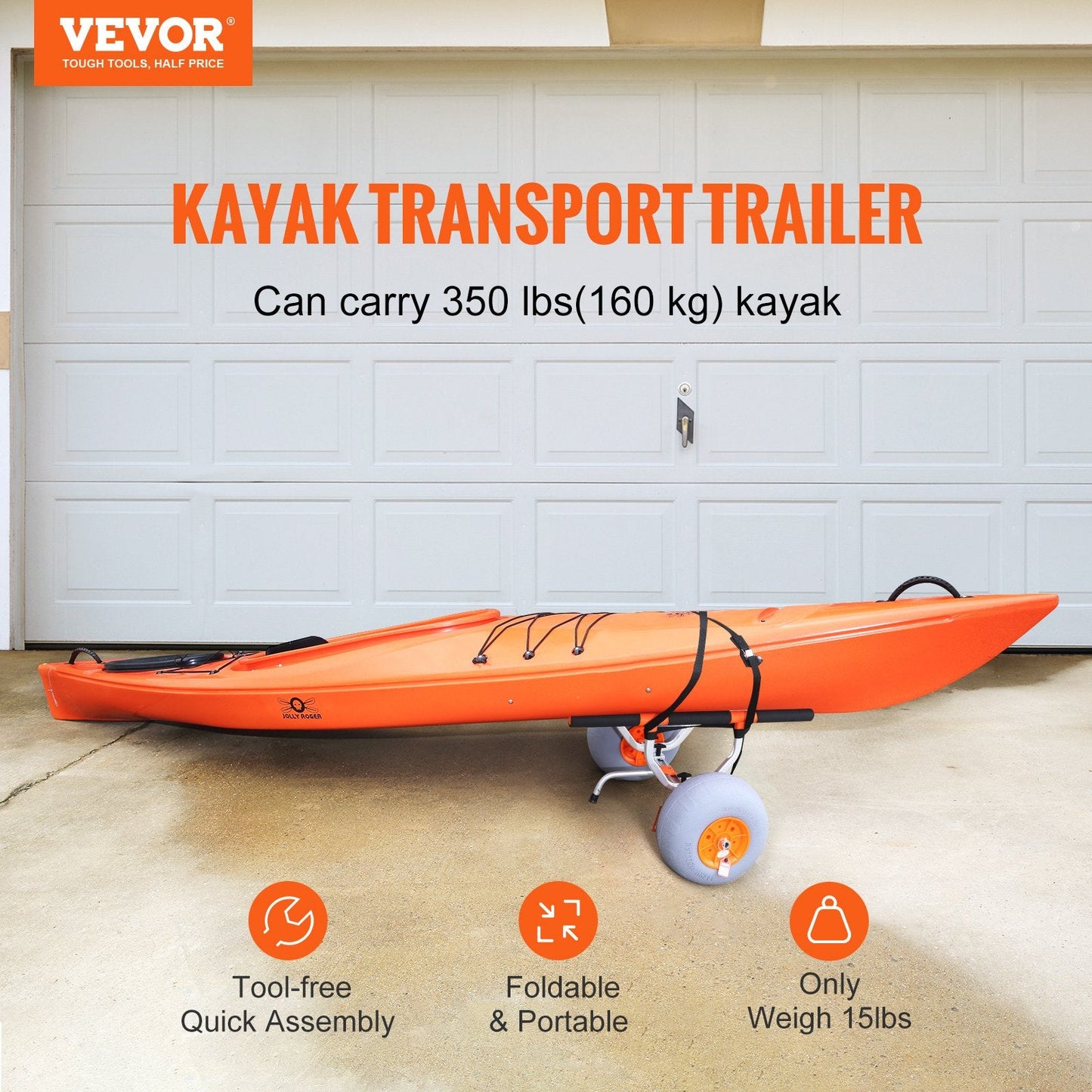 Adjustable Canoe/Kayak Carrier with 12" Wheels, 160kg Capacity, Foldable Design