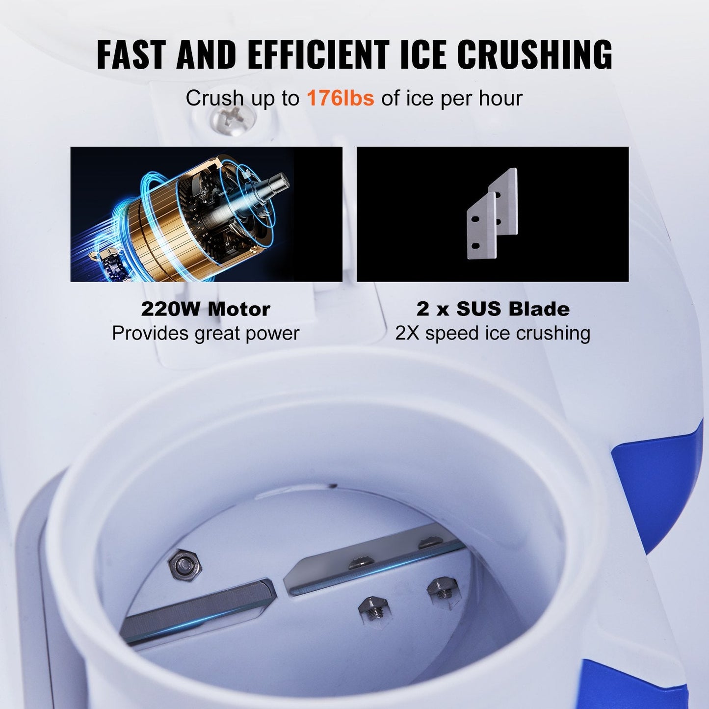 Electric Ice Crusher Machine, 80kg/hr, Dual Blades, 180W for Home & Commercial Use