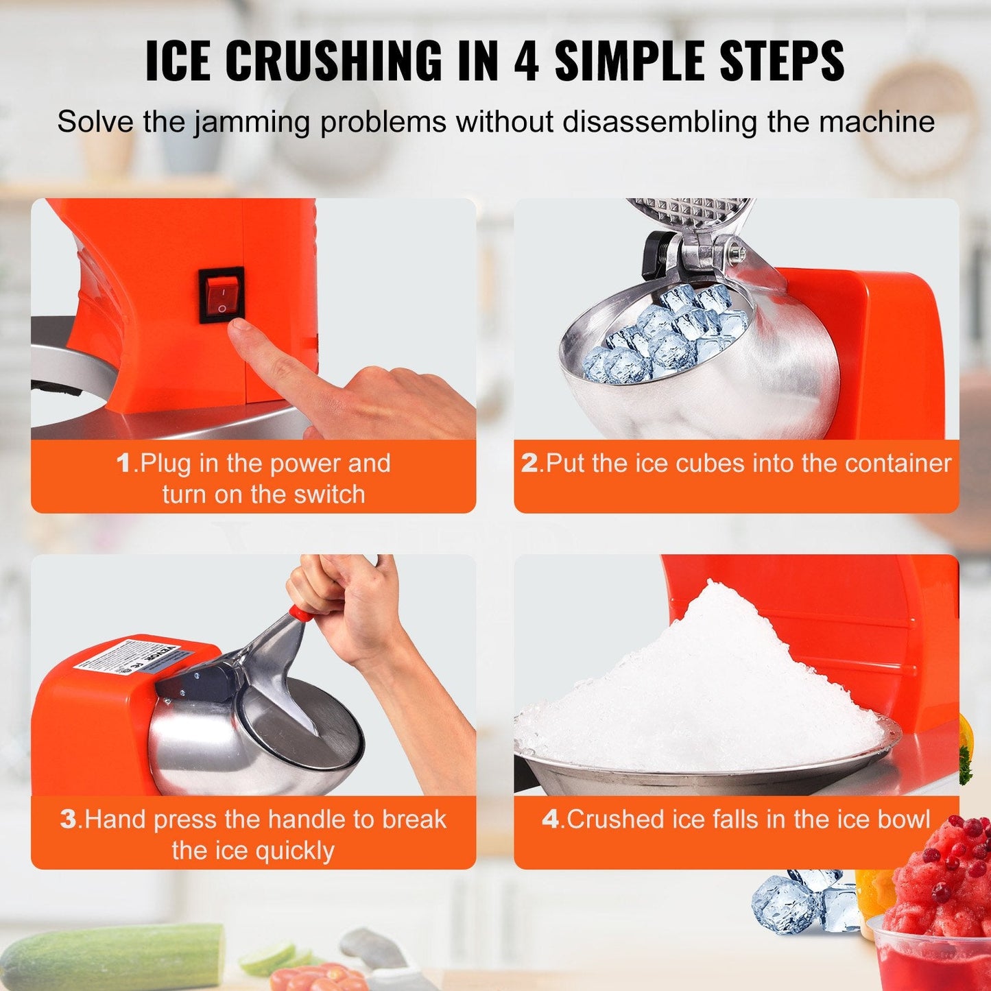 Electric Ice Crusher, 100 KG/H Snow Cone Maker with 4 Blades, 300W, Orange