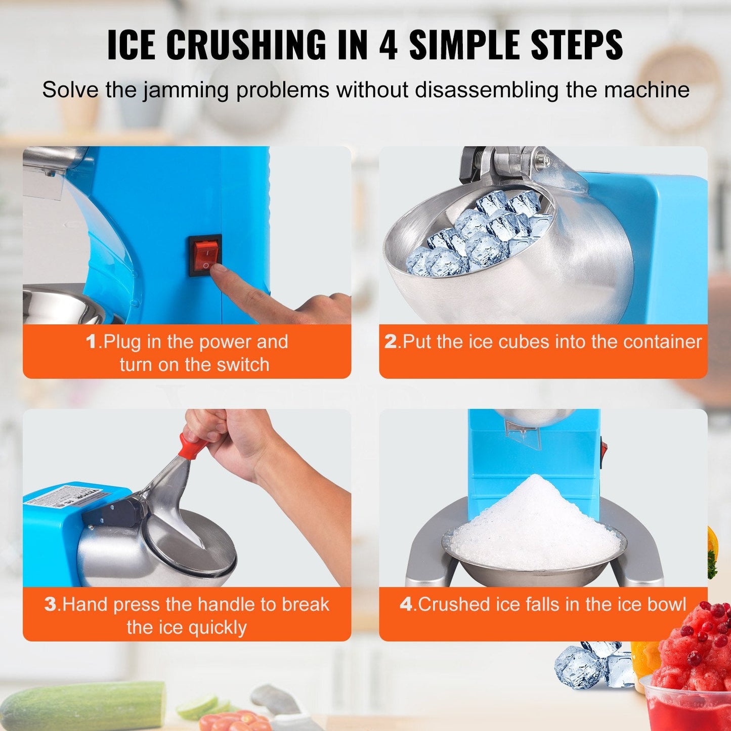 Electric Ice Crusher & Shaver, 100KG/H, 4-Blade, Stainless Steel, Blue