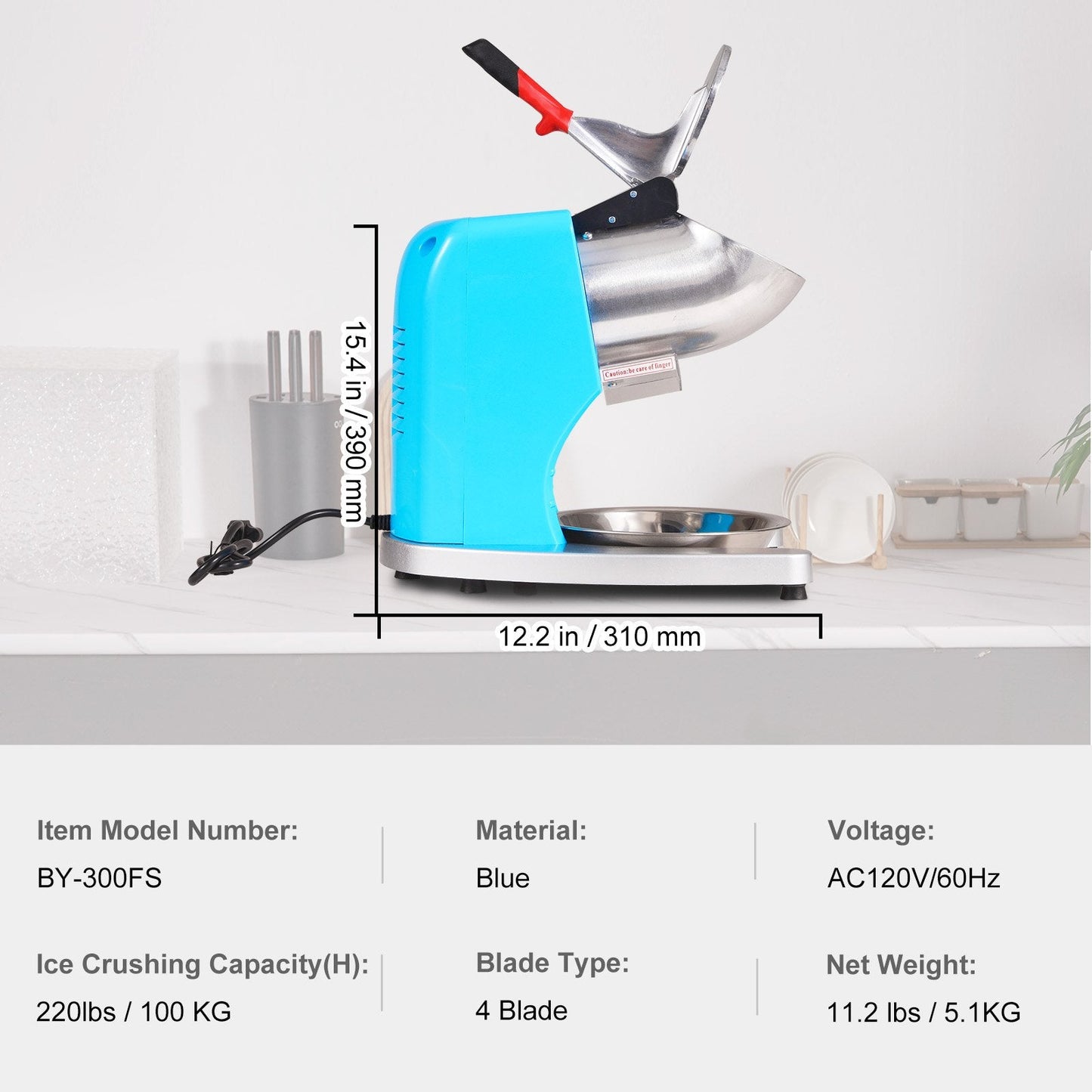 Electric Ice Crusher & Shaver, 100KG/H, 4-Blade, Stainless Steel, Blue