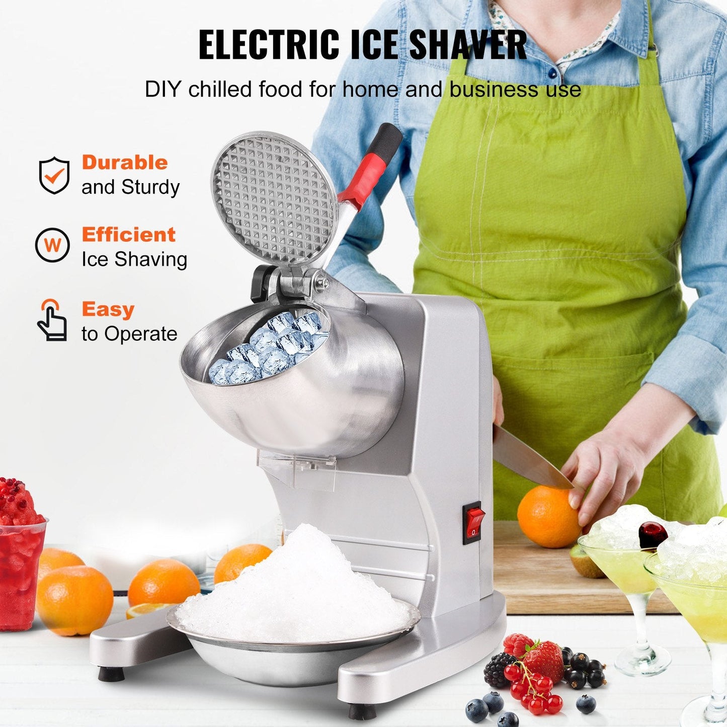 Electric 100 kg/hr Snow Cone Maker with 4 Blades, Stainless Steel, 300W