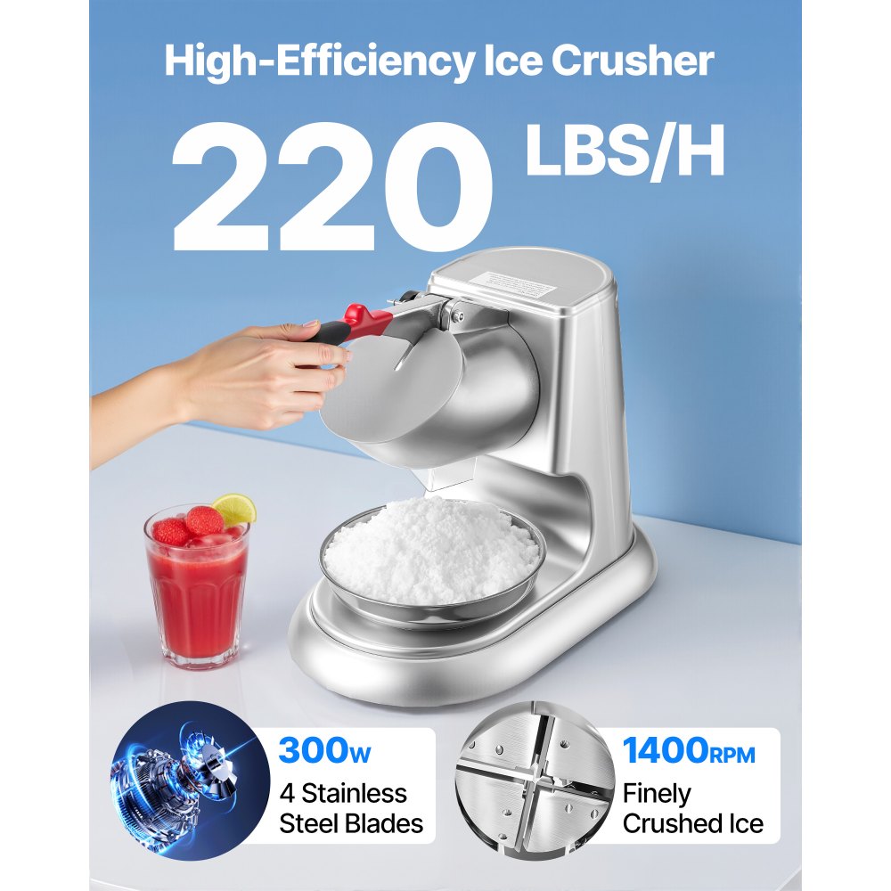 VEVOR Commercial Ice Crusher 100KG/H Electric Snow Cone Maker Shaved Ice Silver
