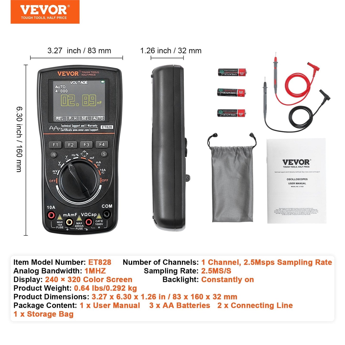 2-in-1 Handheld Digital Oscilloscope Multimeter, 2.5MS/S, 1MHz Bandwidth