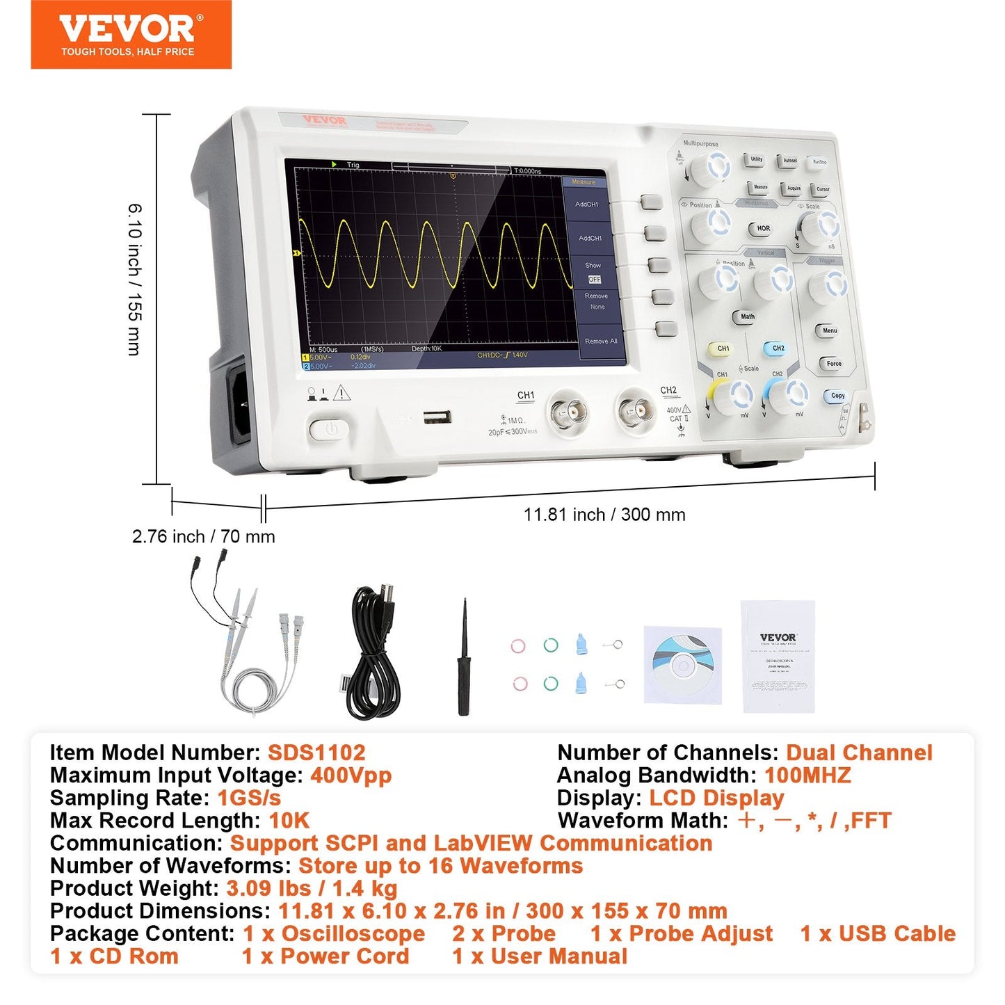 Portable Digital Oscilloscope, 1GS/s, 100MHz, Dual Channel, 1.4 kg, LCD Display