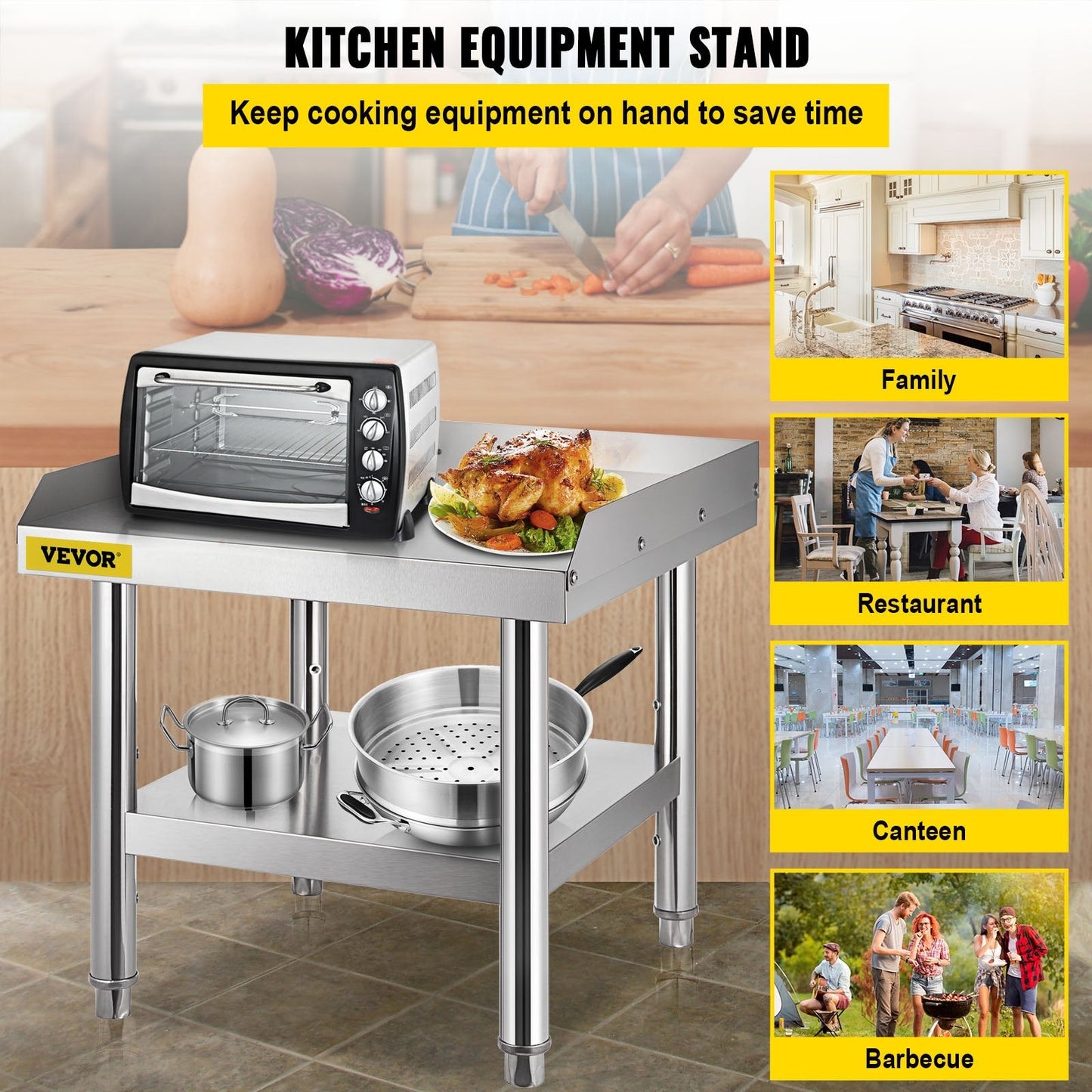 Stainless Steel Kitchen Table with Storage, 61x61 cm, 550 kg Load Capacity