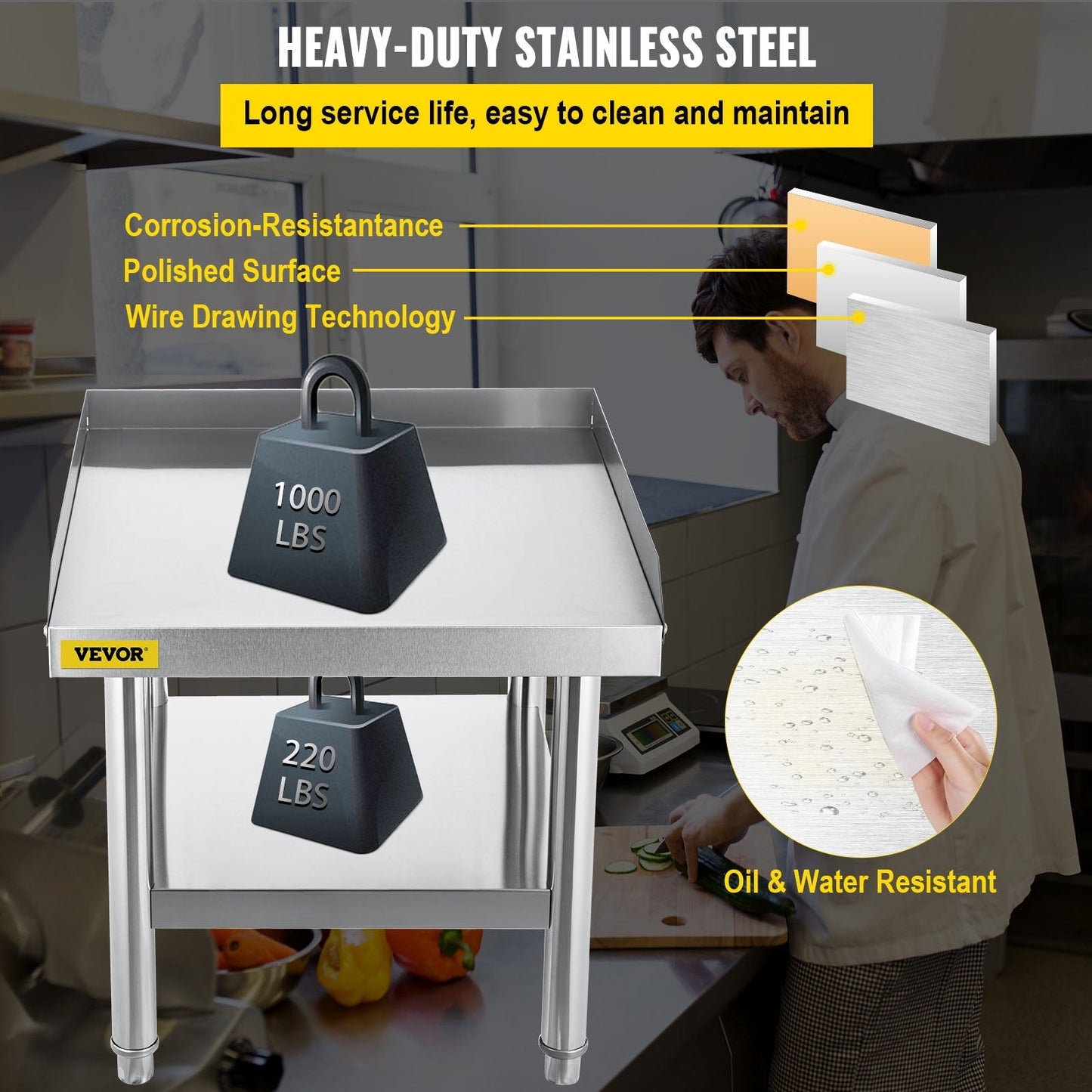 Stainless Steel Kitchen Table with Storage, 61x61 cm, 550 kg Load Capacity