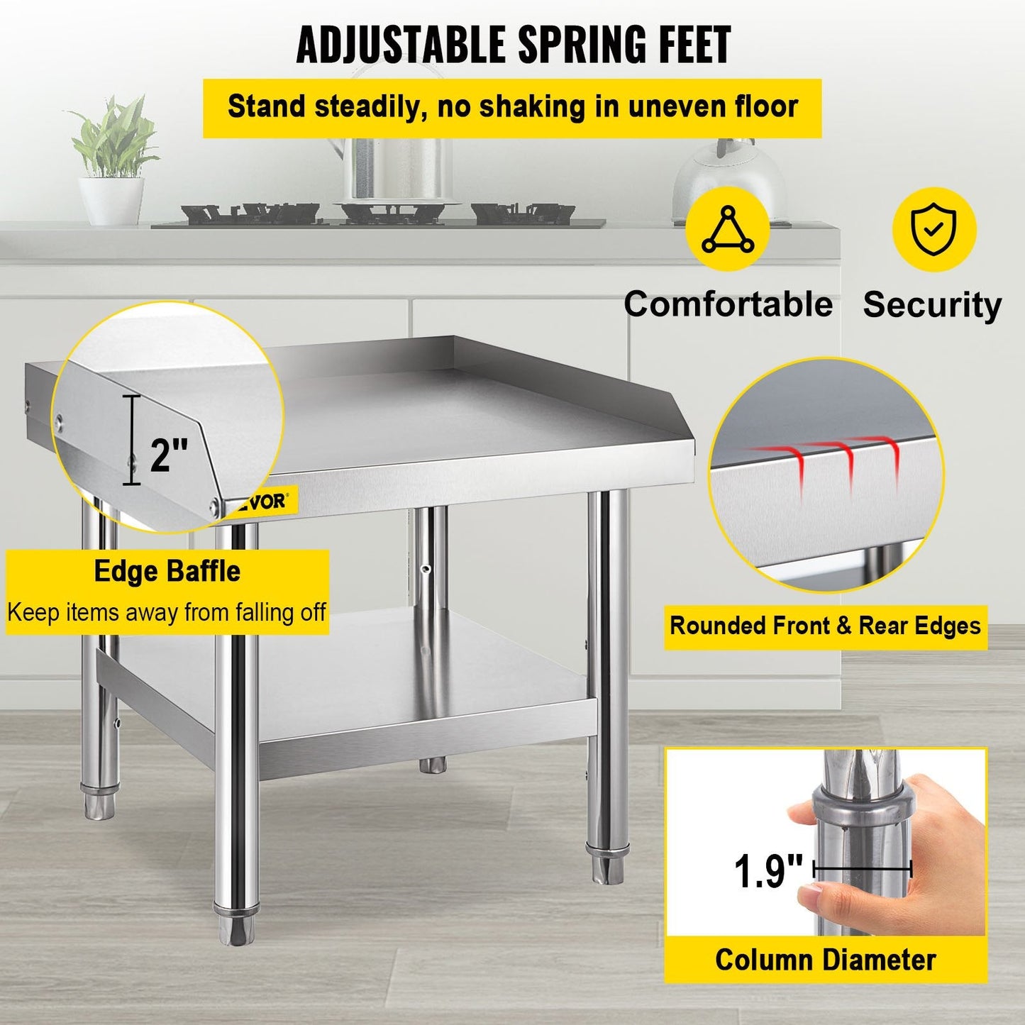Stainless Steel Kitchen Table with Storage, 61x61 cm, 550 kg Load Capacity