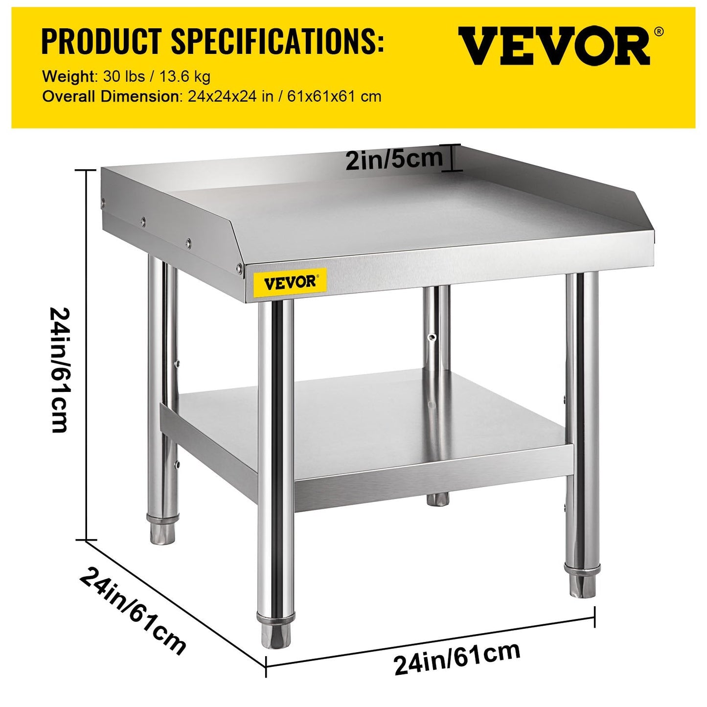 Stainless Steel Kitchen Table with Storage, 61x61 cm, 550 kg Load Capacity