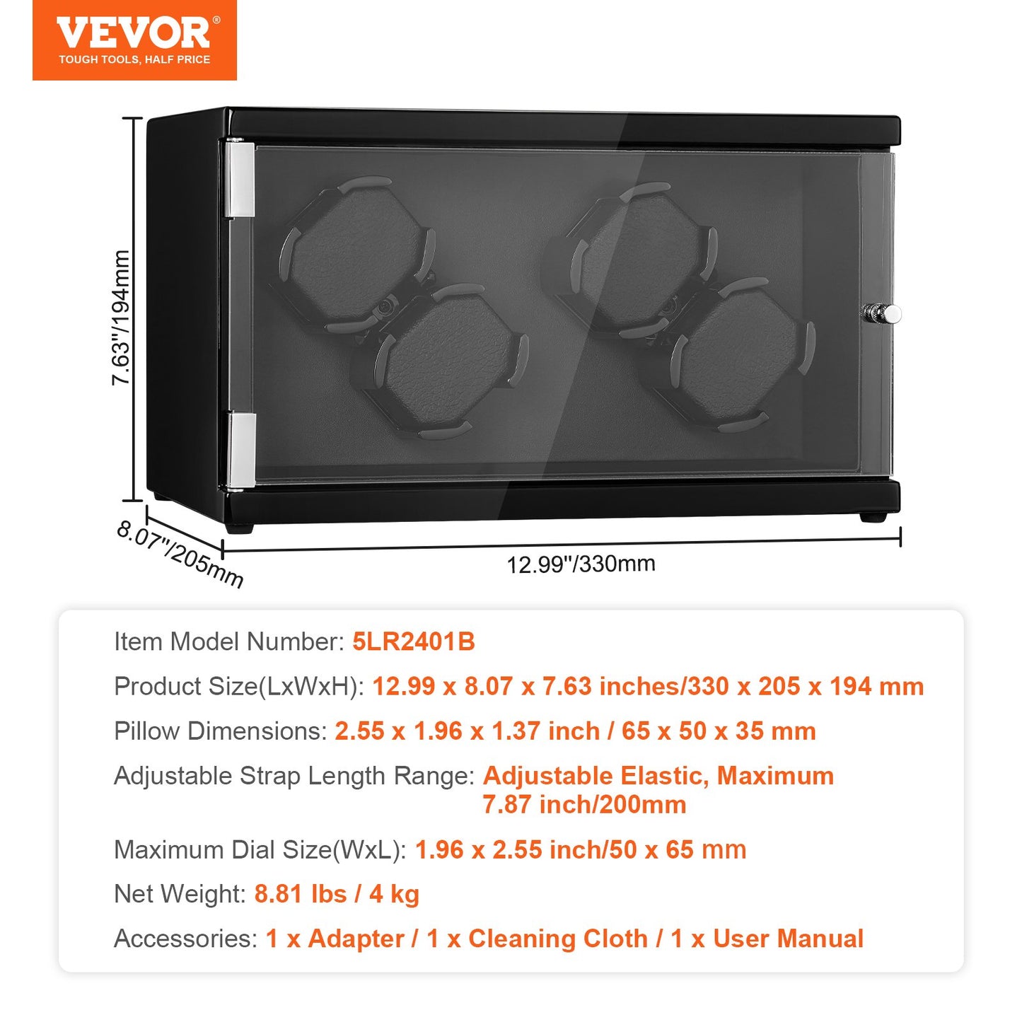VEVOR Watch Winder, Watch Winder for 4 Men's and Women's Automatic Watches, with