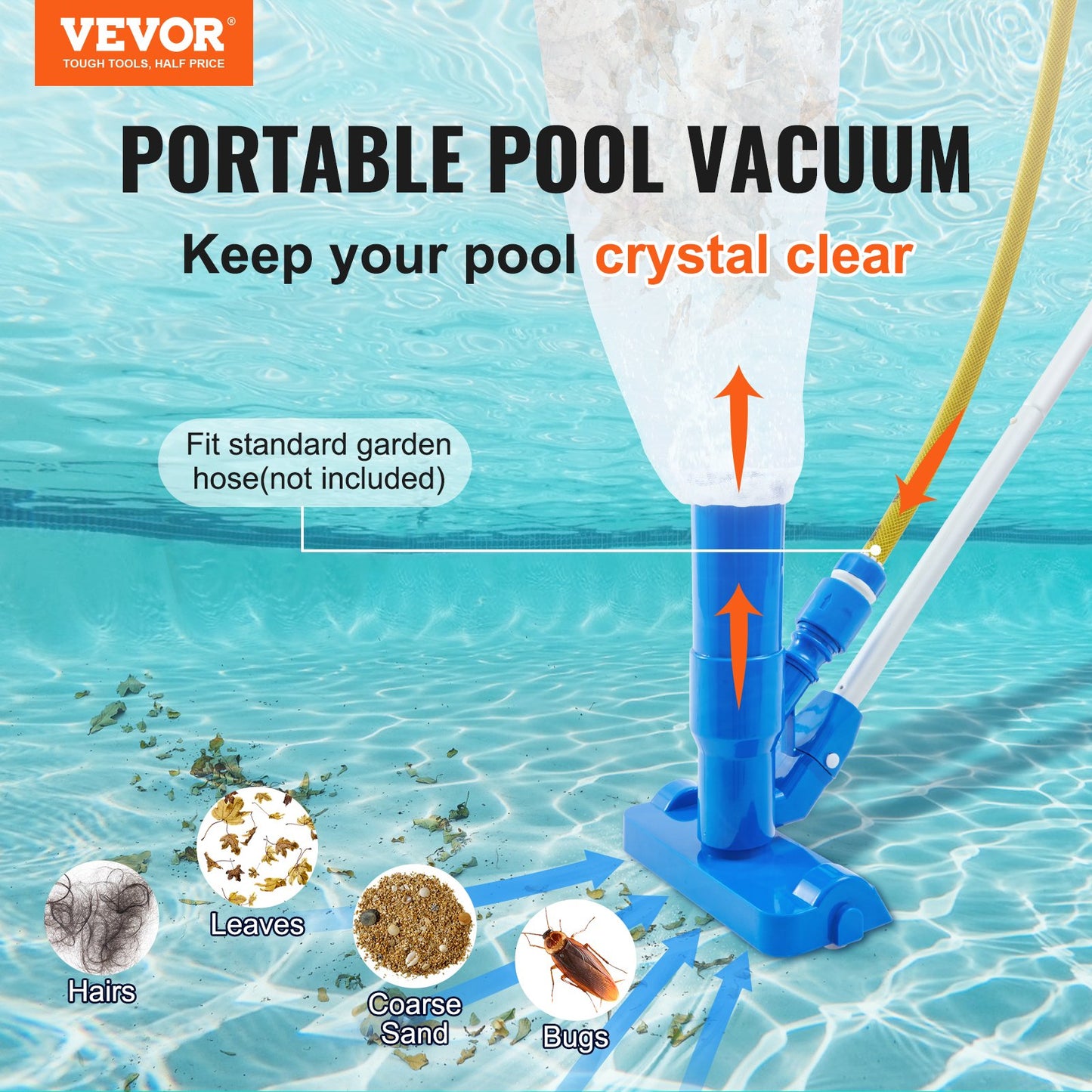 VEVOR Portable Pool Vacuum, Handheld Pool Vacuum Cleaner with 3 Scrub Brushes &