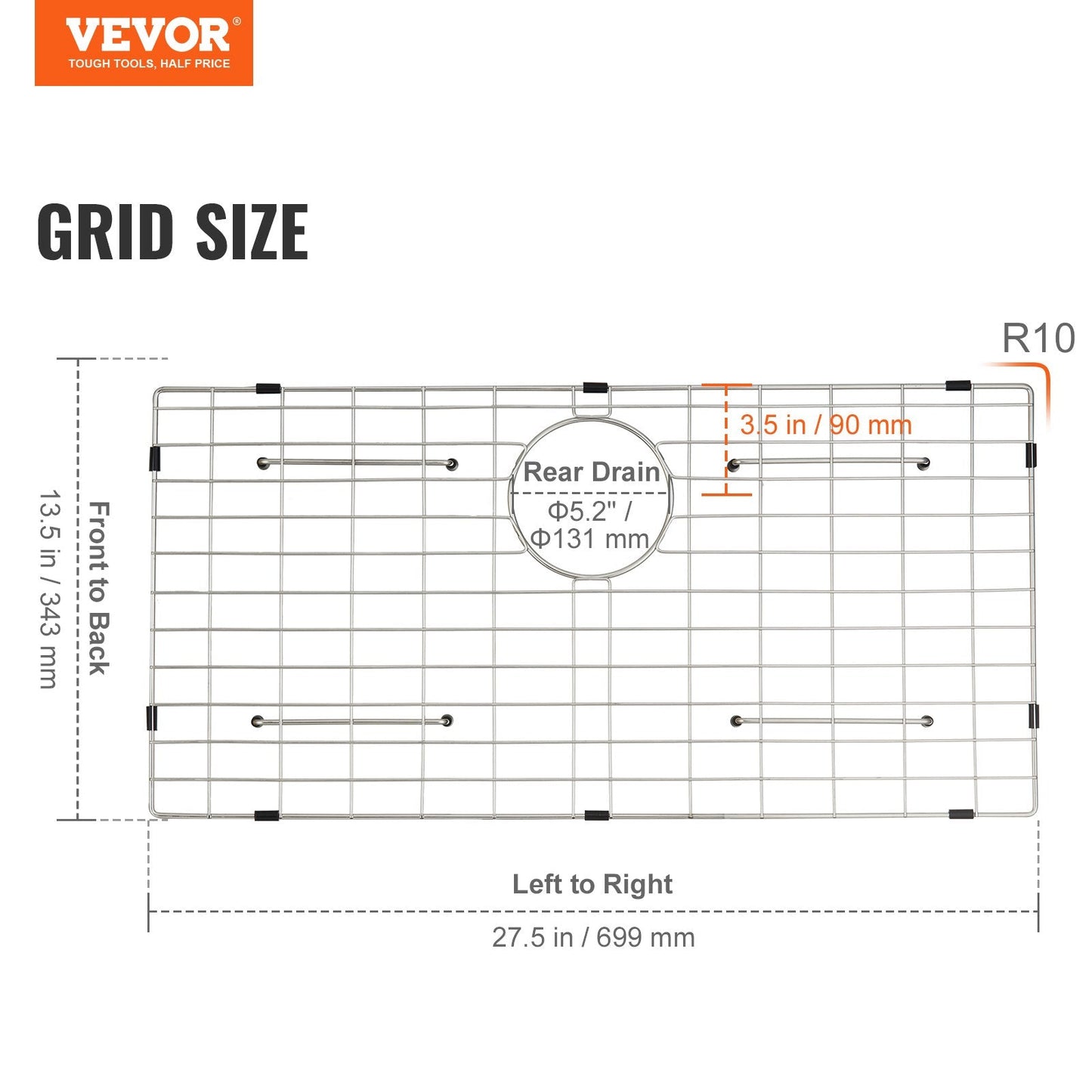 Stainless Steel Sink Protector Grid, 699x343 mm, Rear Drain, Silver Finish