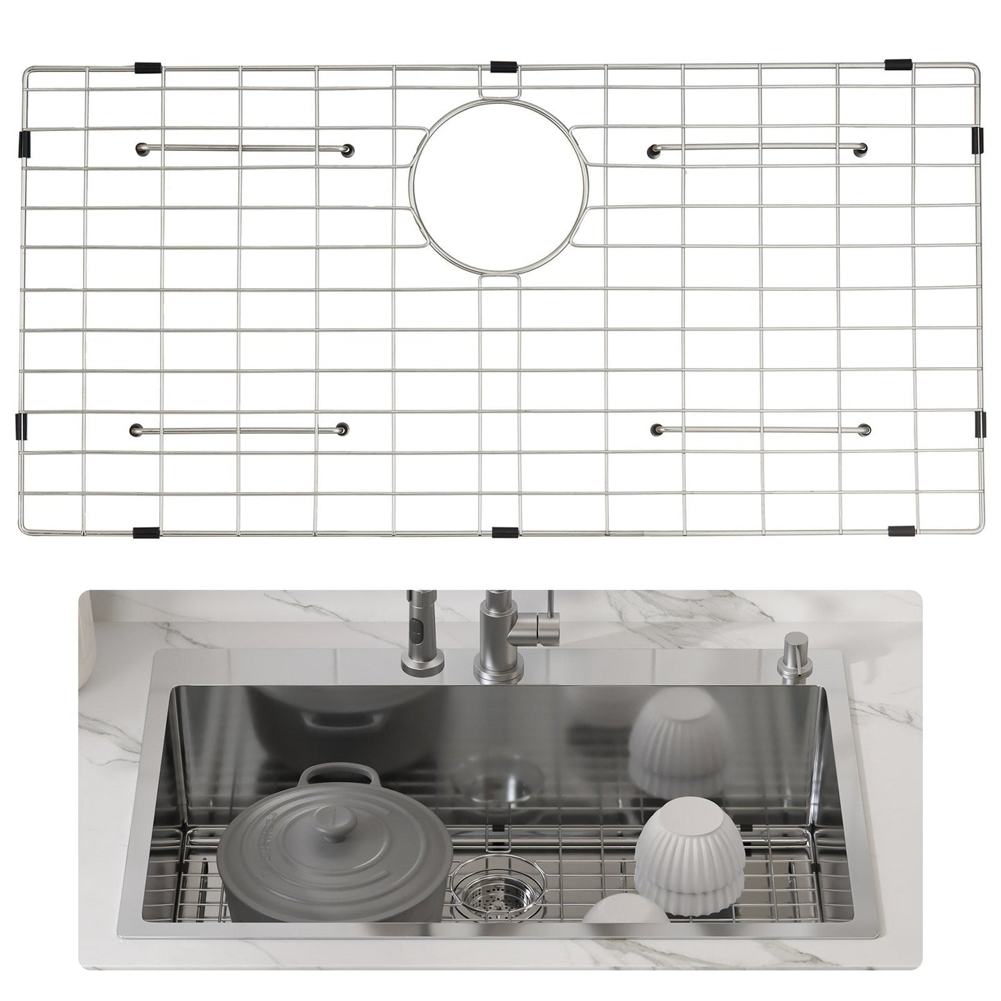 Stainless Steel Sink Protector Grid, 699x343 mm, Rear Drain, Silver Finish