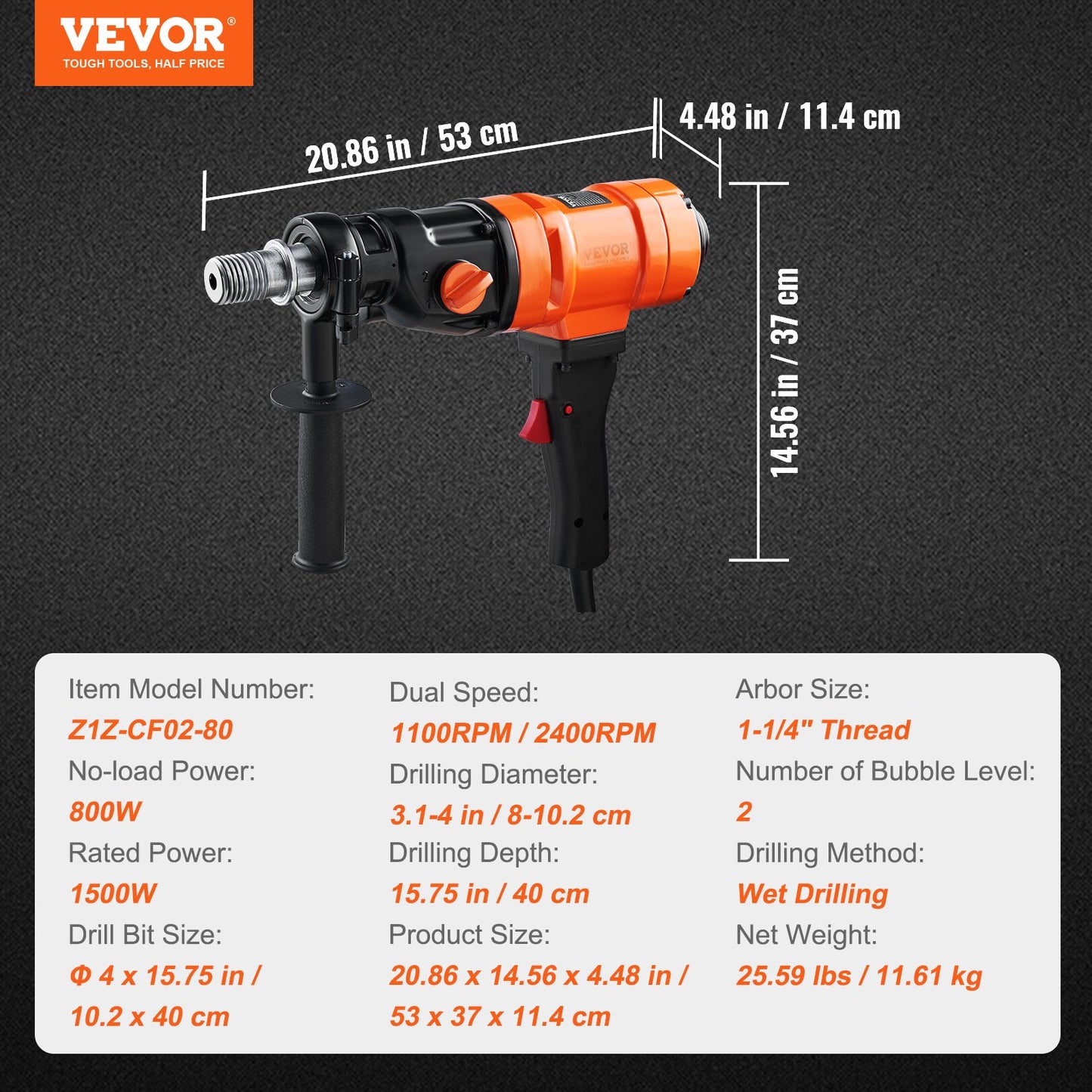 VEVOR Diamond Core Drilling Machine, 4in Handheld Wet Concrete Core Drill Rig, 1100-2400RPM