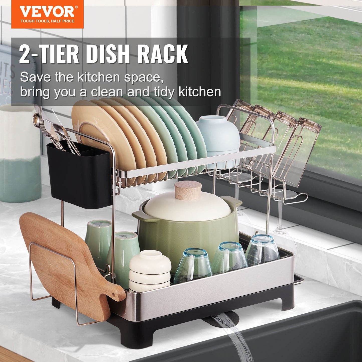 2-Tier Stainless Steel Dish Rack with Drainboard & Utensil Holder, 0.5m x 0.3m