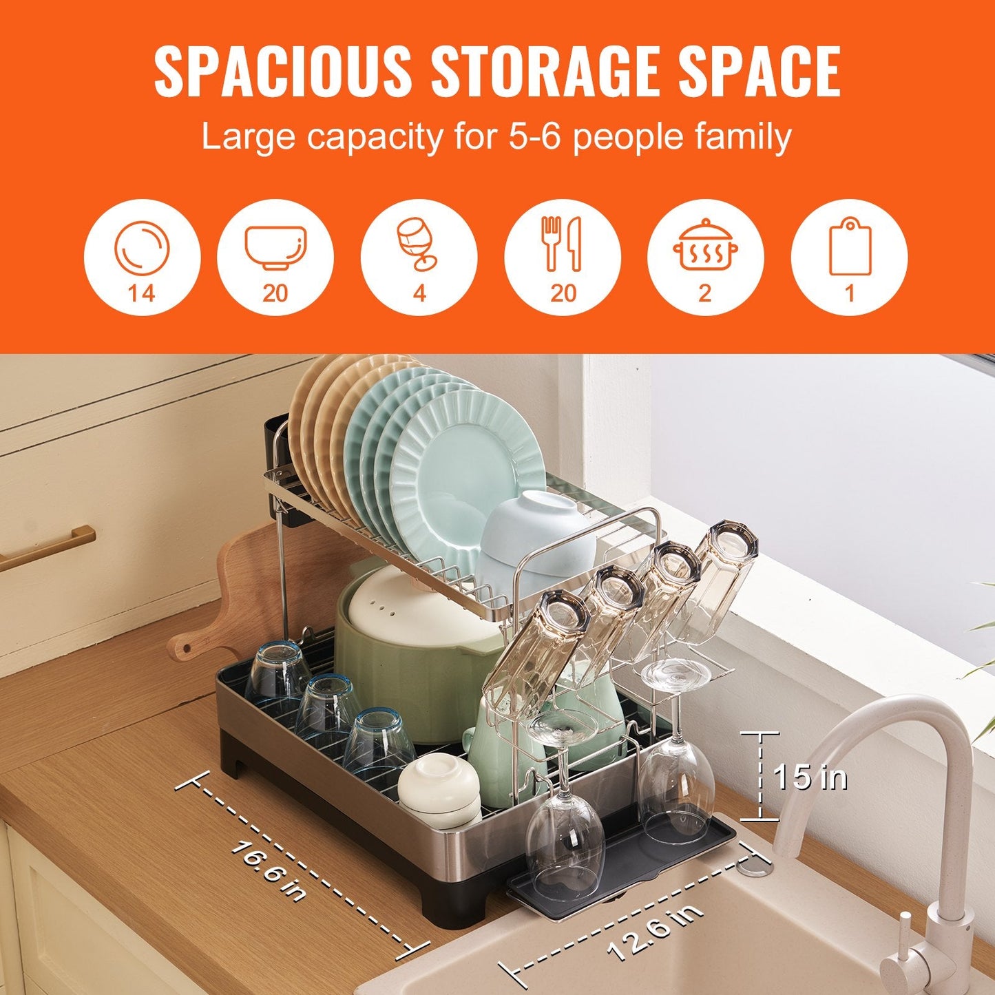 2-Tier Stainless Steel Dish Rack with Drainboard & Utensil Holder, 0.5m x 0.3m