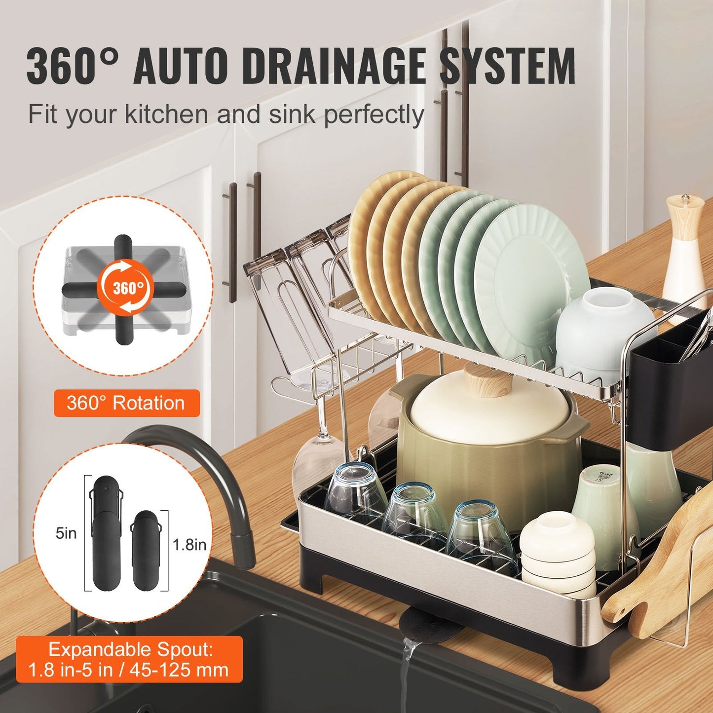 2-Tier Stainless Steel Dish Rack with Drainboard & Utensil Holder, 0.5m x 0.3m