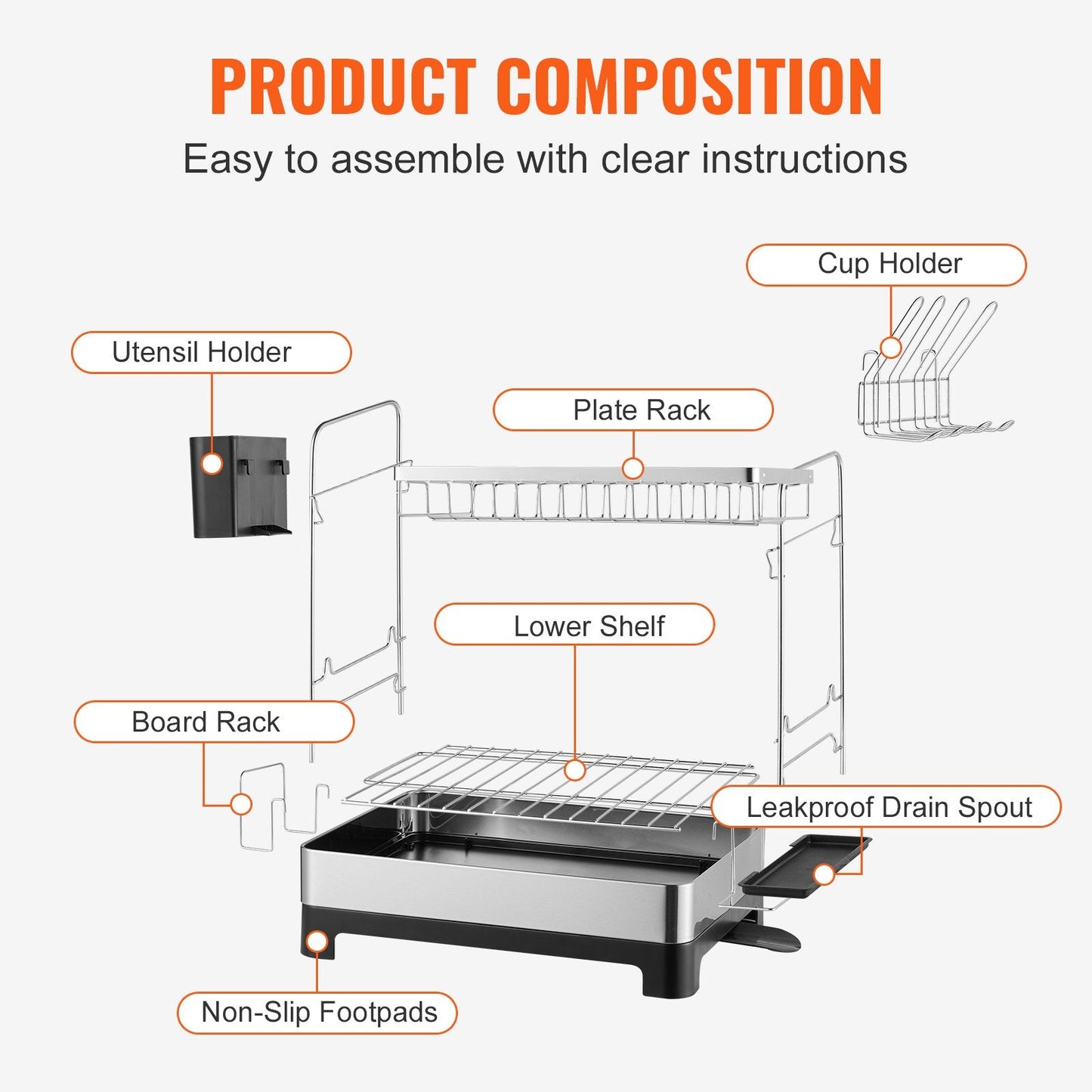 2-Tier Stainless Steel Dish Rack with Drainboard & Utensil Holder, 0.5m x 0.3m
