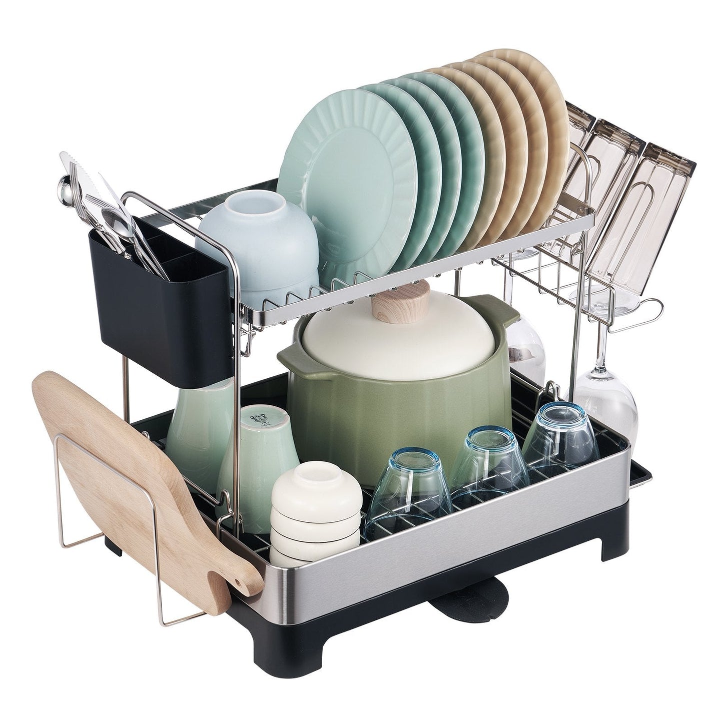 2-Tier Stainless Steel Dish Rack with Drainboard & Utensil Holder, 0.5m x 0.3m