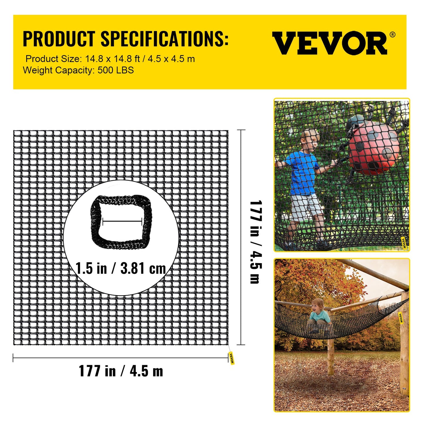 VEVOR Climbing Cargo Net, 4.5 x 4.5 m Playground Climbing Cargo Net with 226.8kg