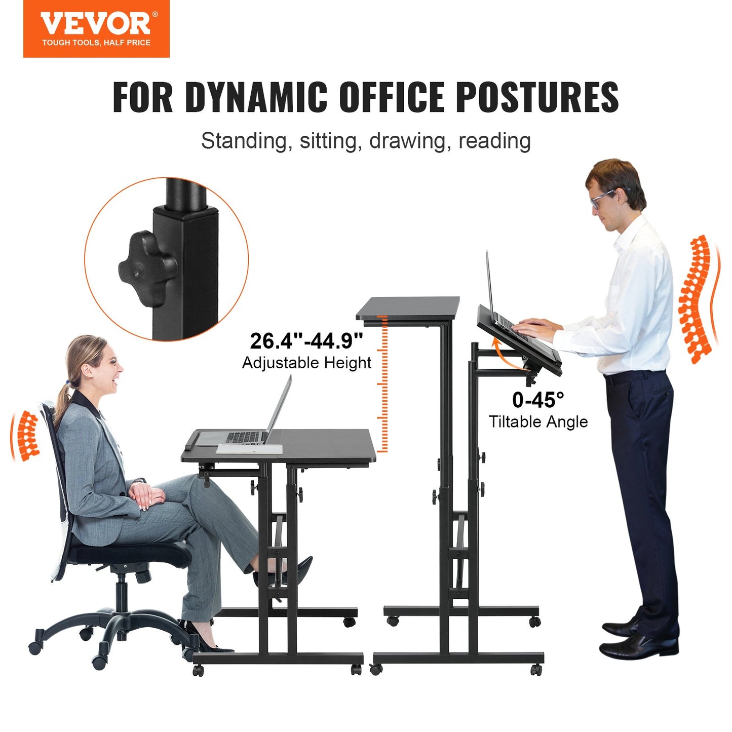 VEVOR Mobile Standing Desk, 26.4"-44.9" Gas-Spring Height Adjustable Sit-Stand Desk,