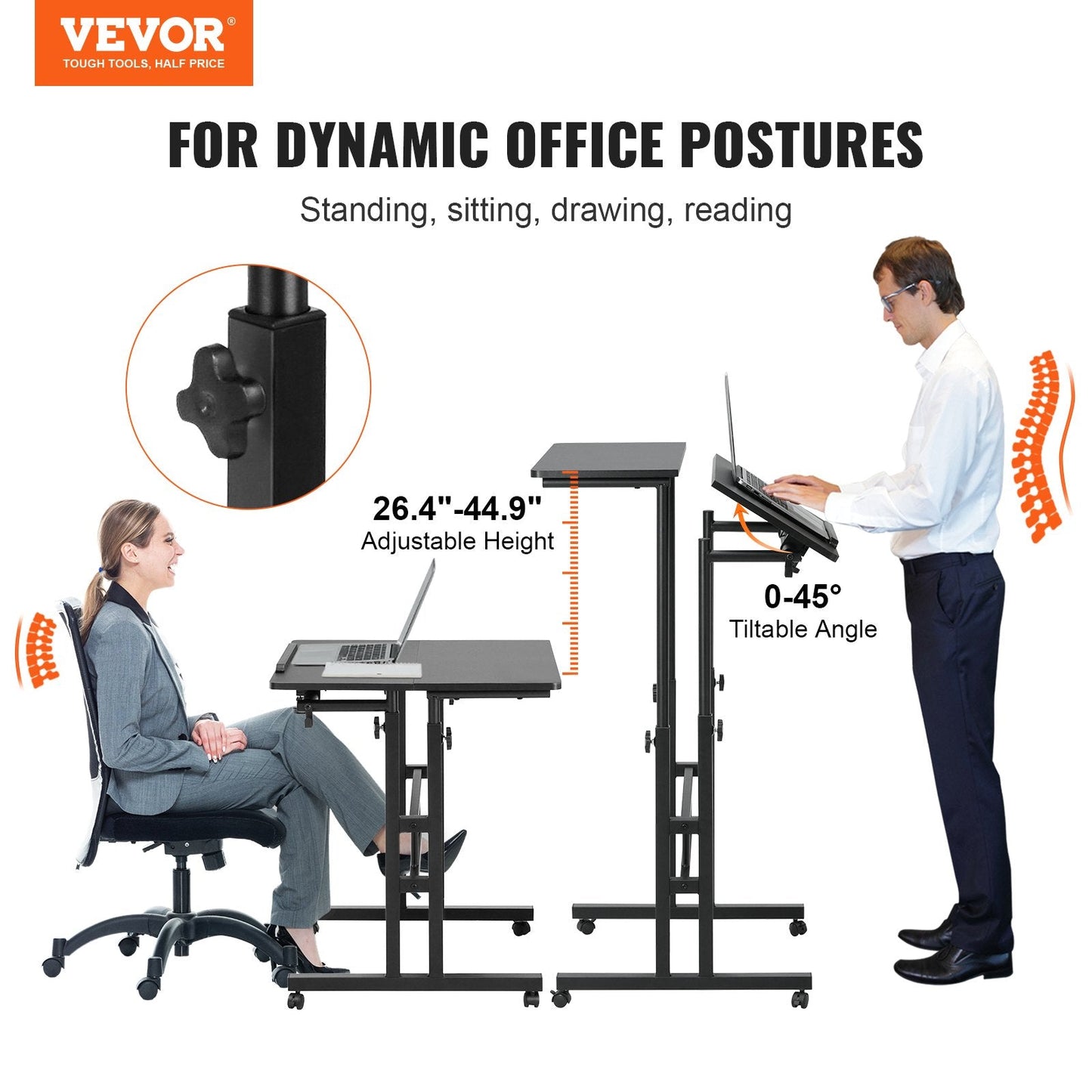 Adjustable Mobile Standing Desk with Tiltable Desktop and Lockable Wheels