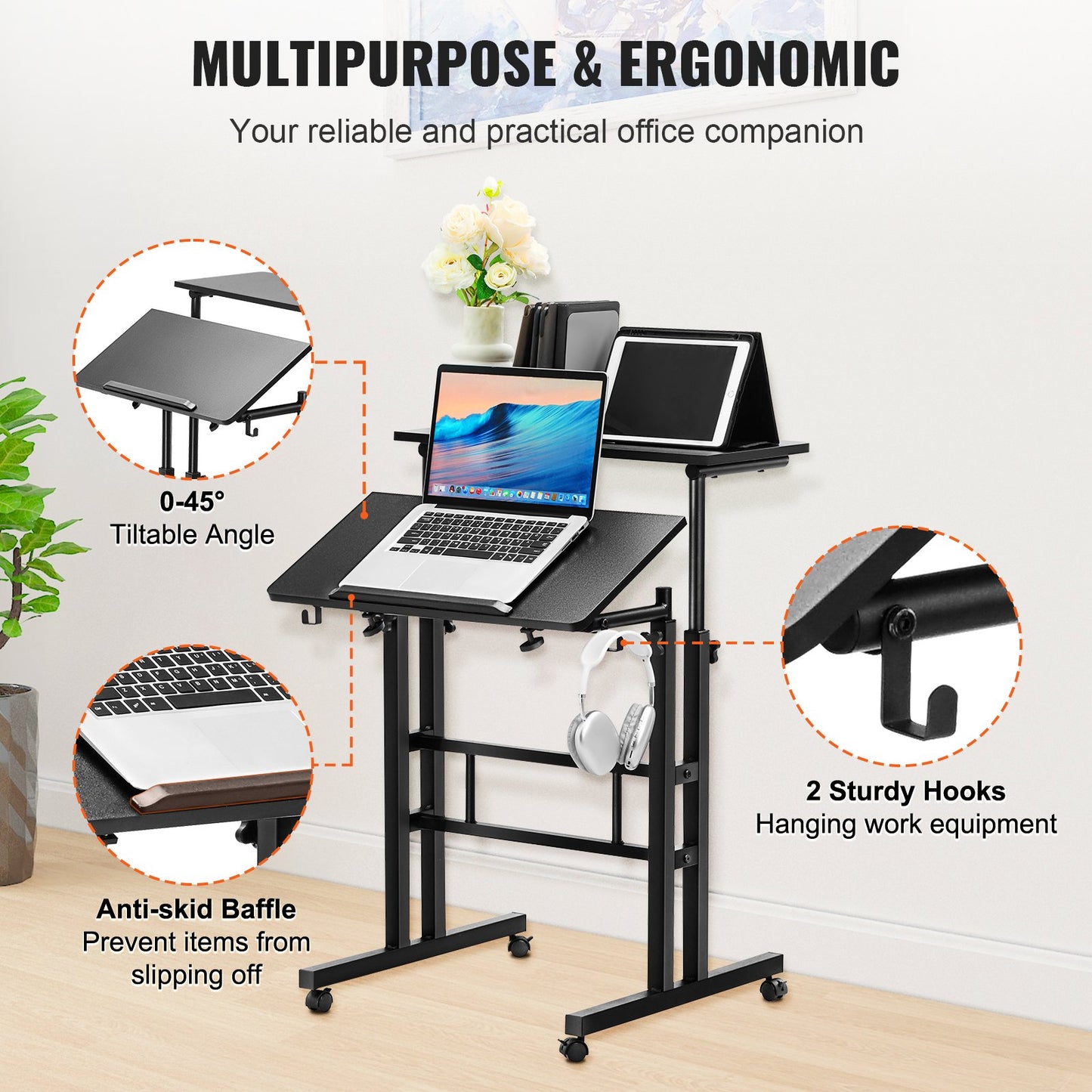 VEVOR Mobile Standing Desk, 26.4"-44.9" Gas-Spring Height Adjustable Sit-Stand Desk,