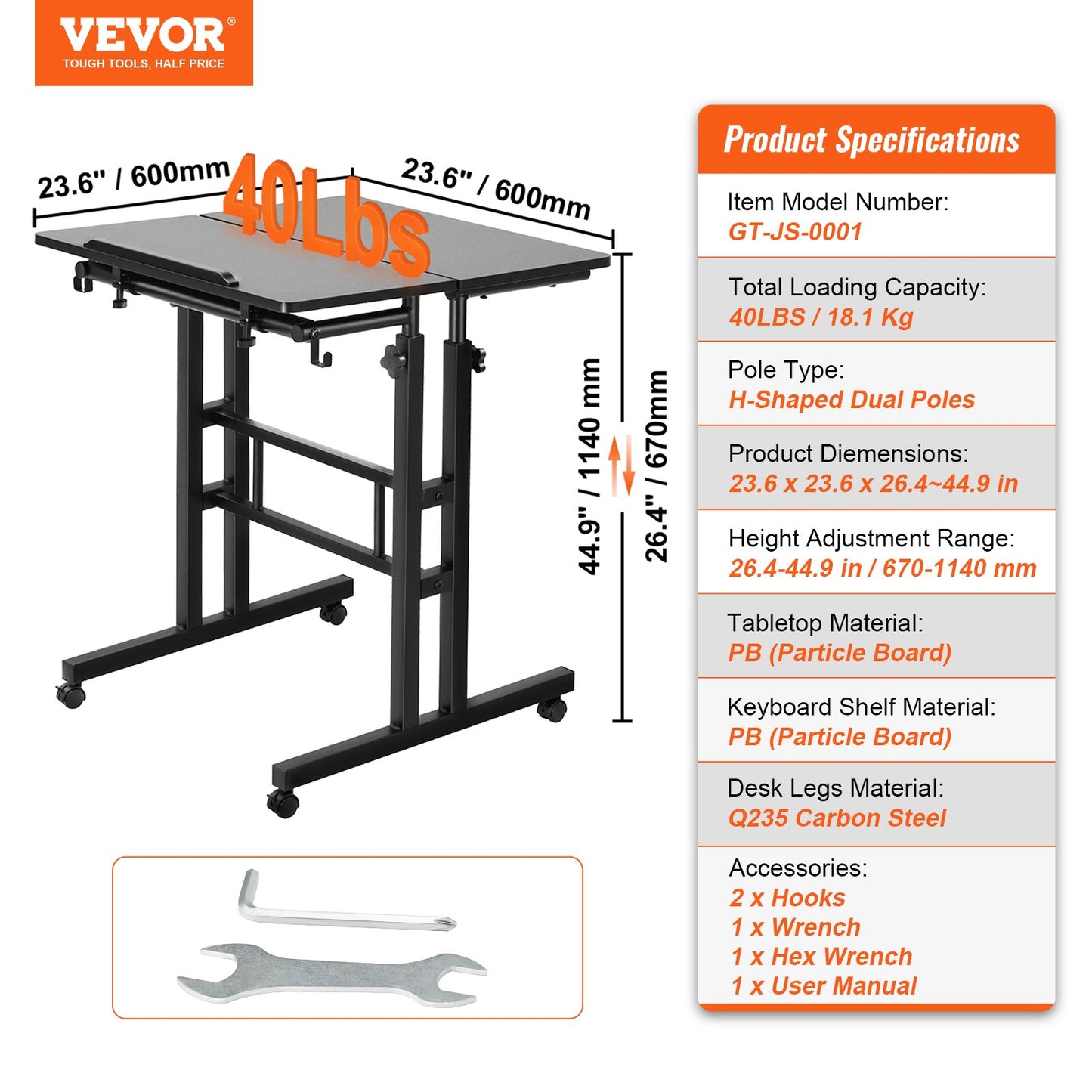 VEVOR Mobile Standing Desk, 26.4"-44.9" Gas-Spring Height Adjustable Sit-Stand Desk,